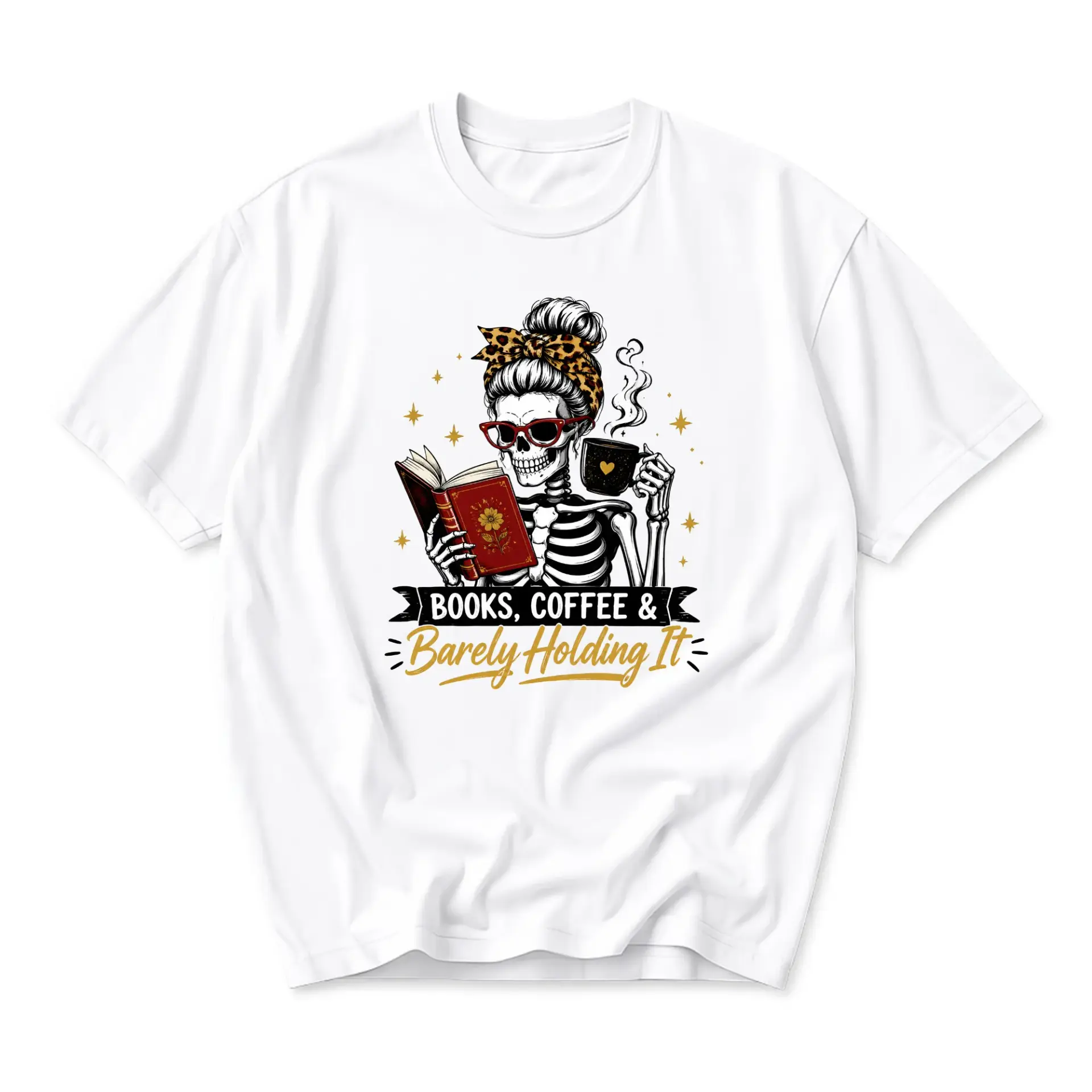 Graphic Tee Books Coffee and Barely Holding It Skeleton Shirt Unisex Casual Crew Neck Soft Cotton Apparel for Daily Wear