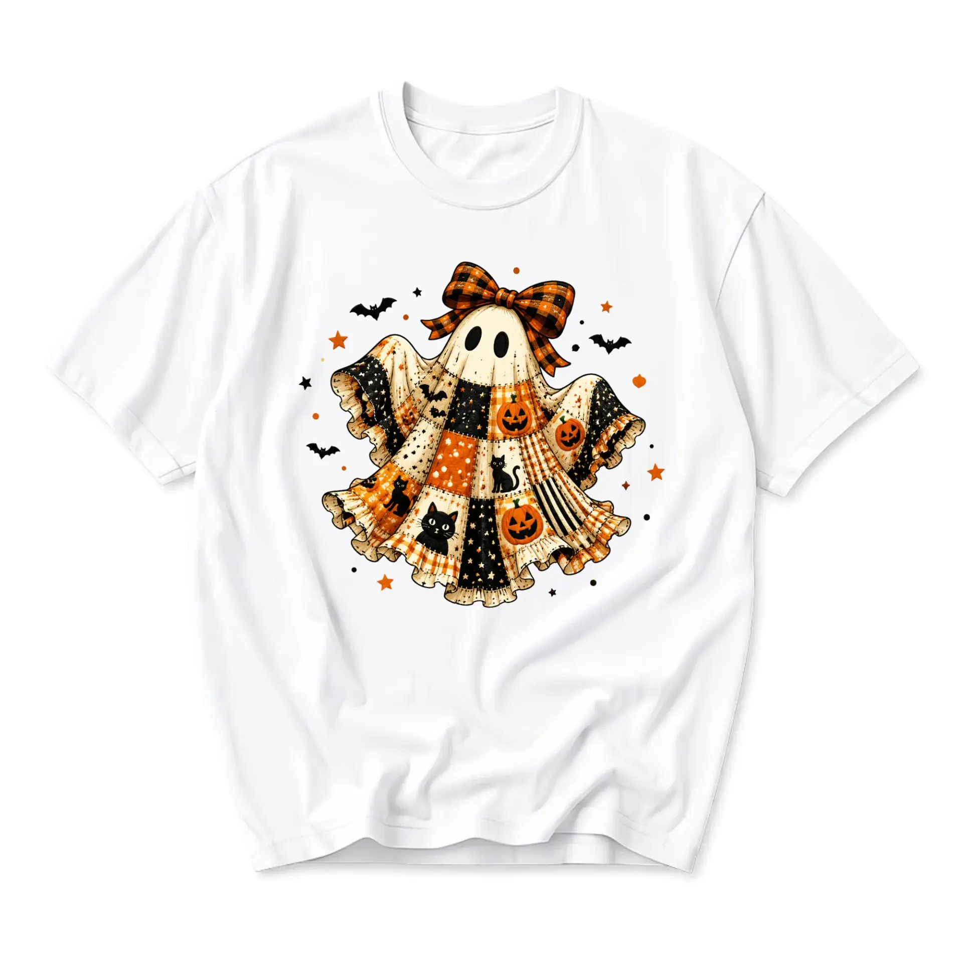 Graphic Tee Ghost with Plaid Bow and Pumpkins Seasonal Fall Apparel Comfortable Cotton Blend Unisex Crew Neck Top