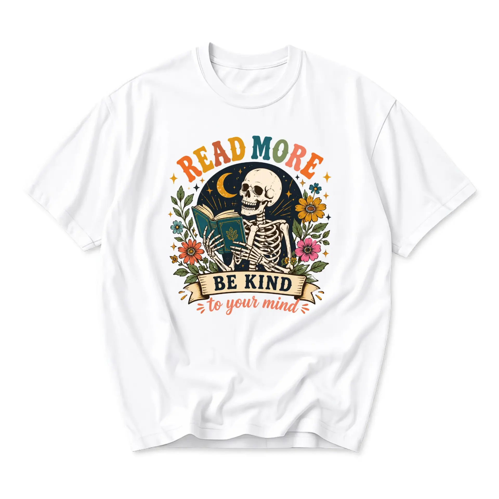 Graphic Tee Read More Be Kind to Your Mind Skeleton Reading Book Unisex Crew Neck Short Sleeve Cotton Casual Shirt