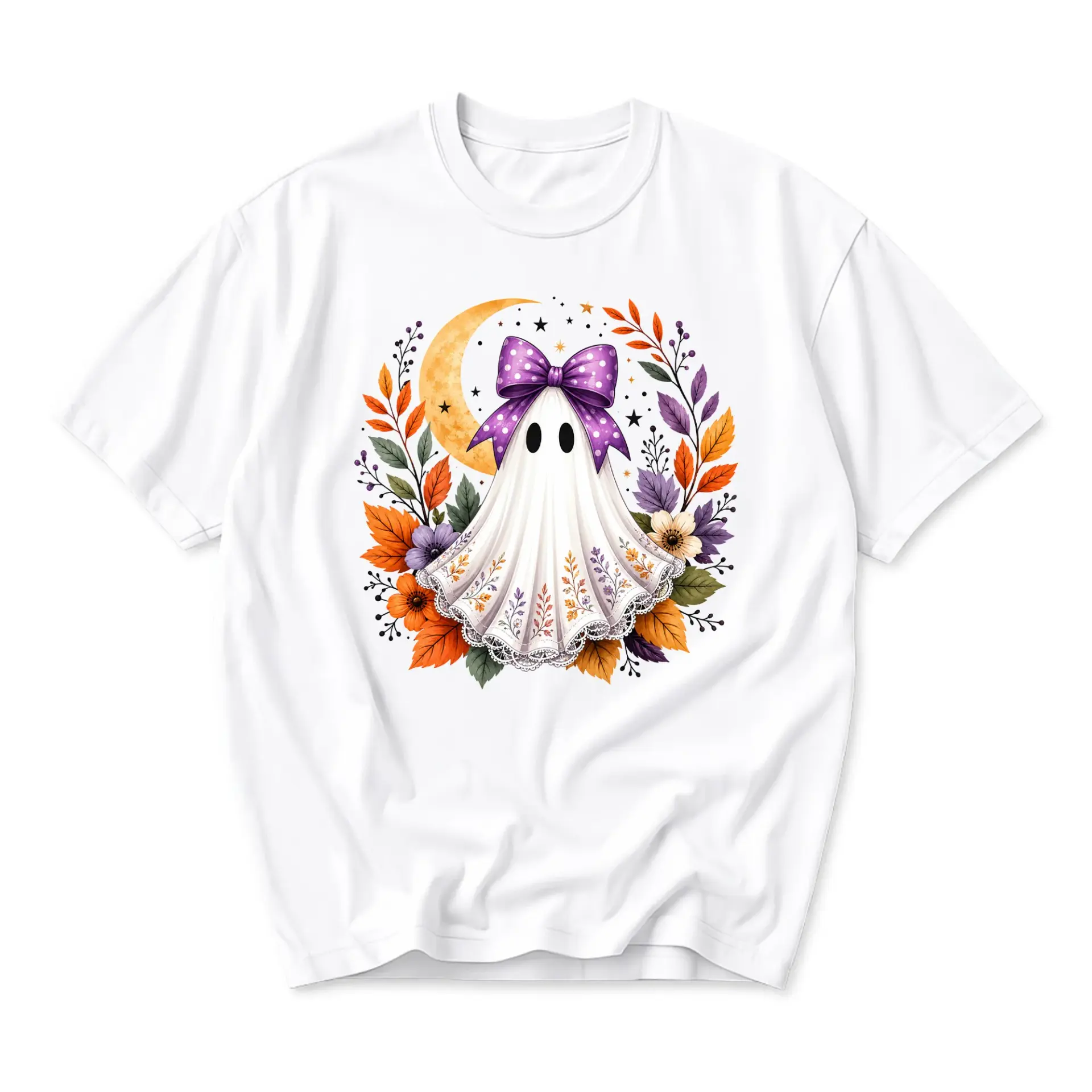 Graphic Tee Cute Ghost with Purple Bow Autumn Floral Moon Illustration Unisex Crew Neck Soft Cotton Casual T-Shirt