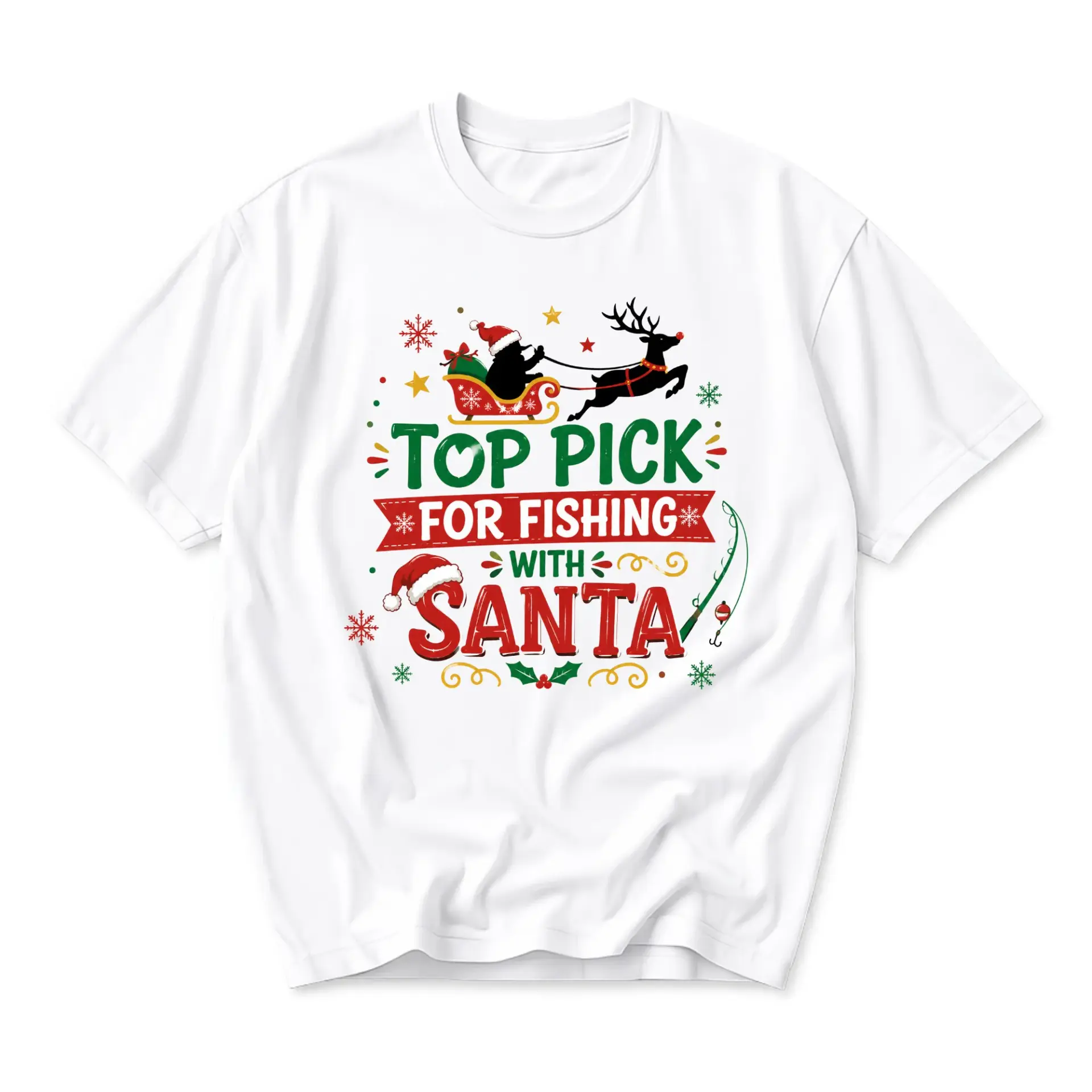 Funny Shirt Top Pick for Fishing with Santa Graphic Holiday Unisex Crew