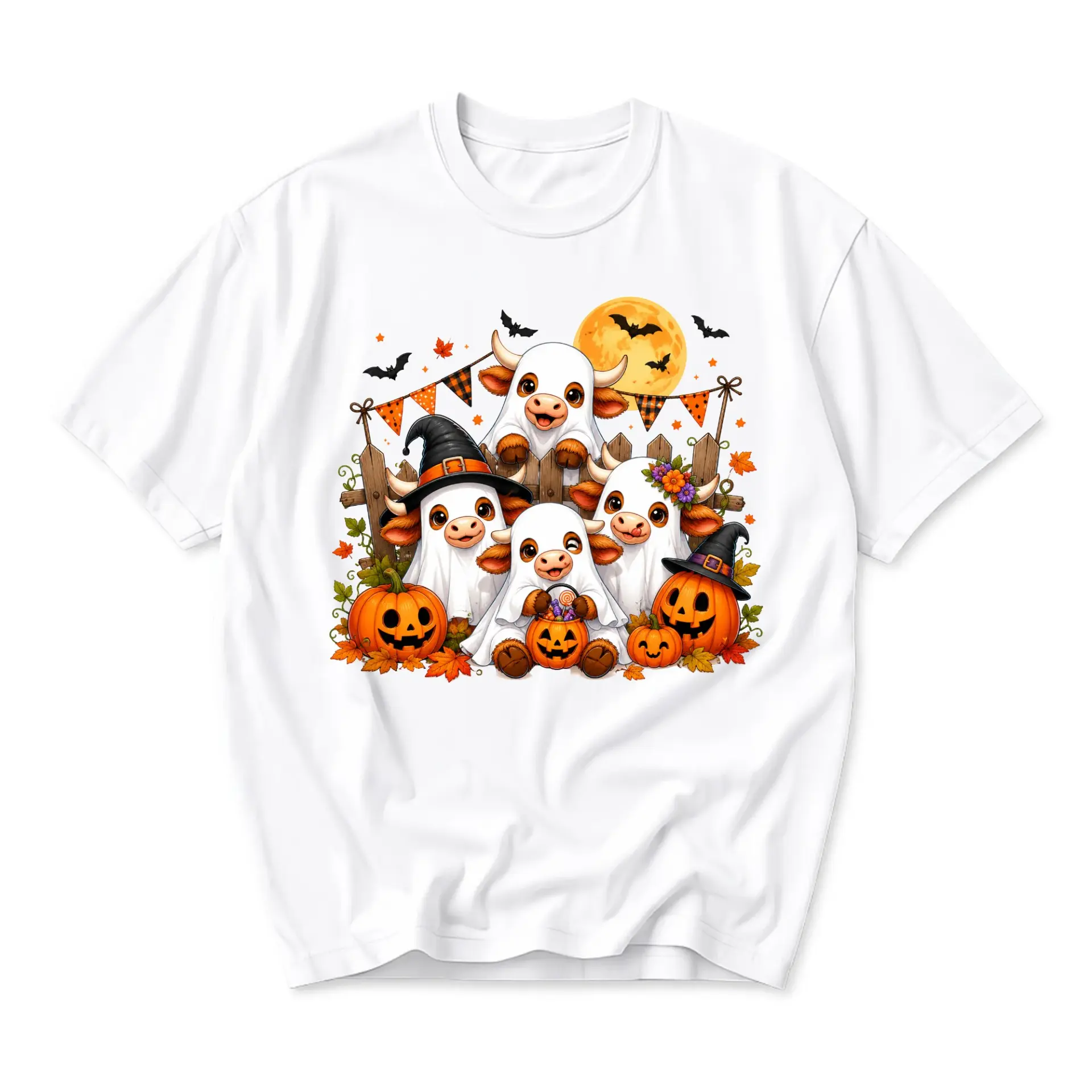 Graphic Tee Cute Halloween Cow Ghosts Print Unisex Crew Neck Cotton Blend T-Shirt for Casual Everyday Holiday Wear