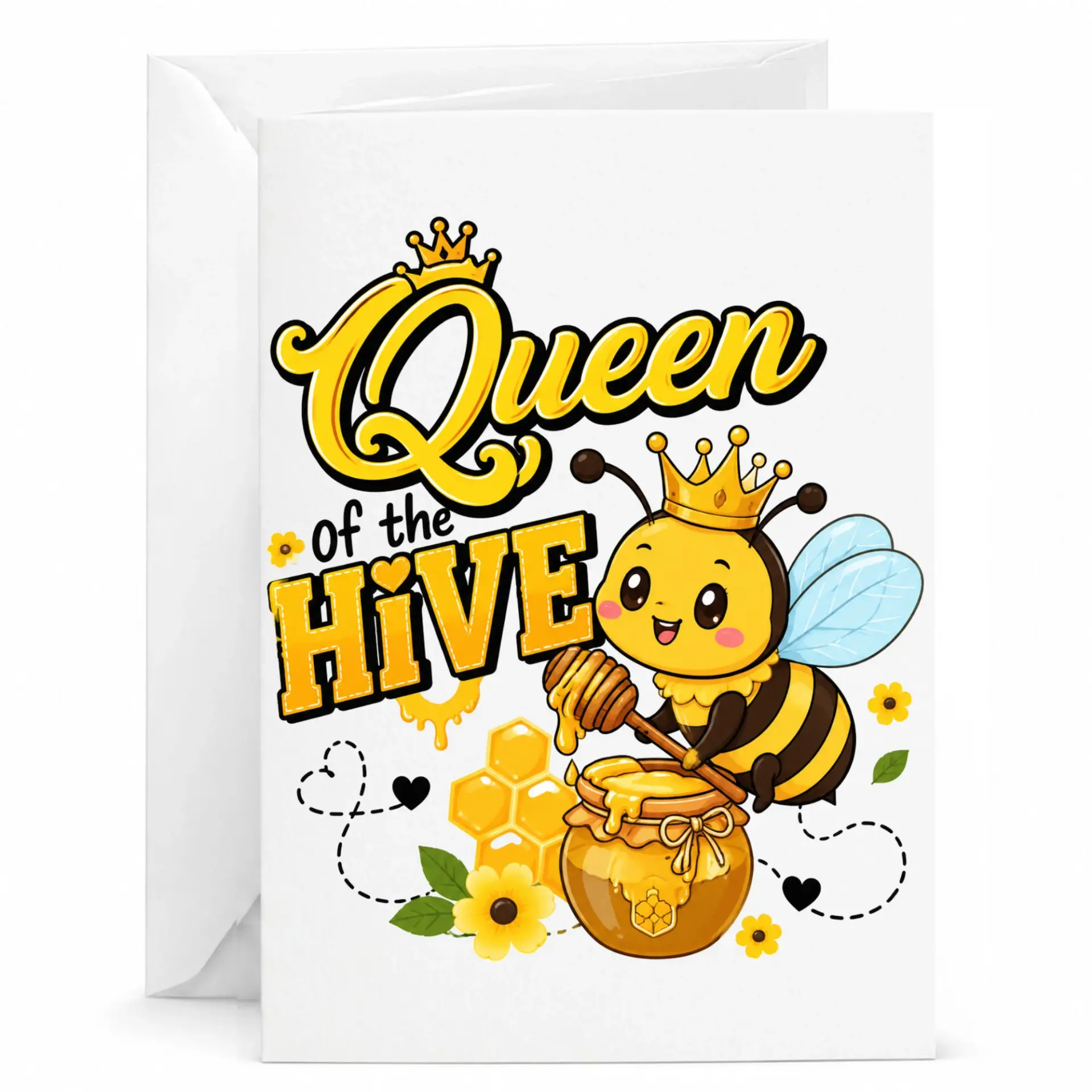 Funny Queen of the Greeting Card with Cute Bee Illustration and Honey Pot Design for Special Occasions
