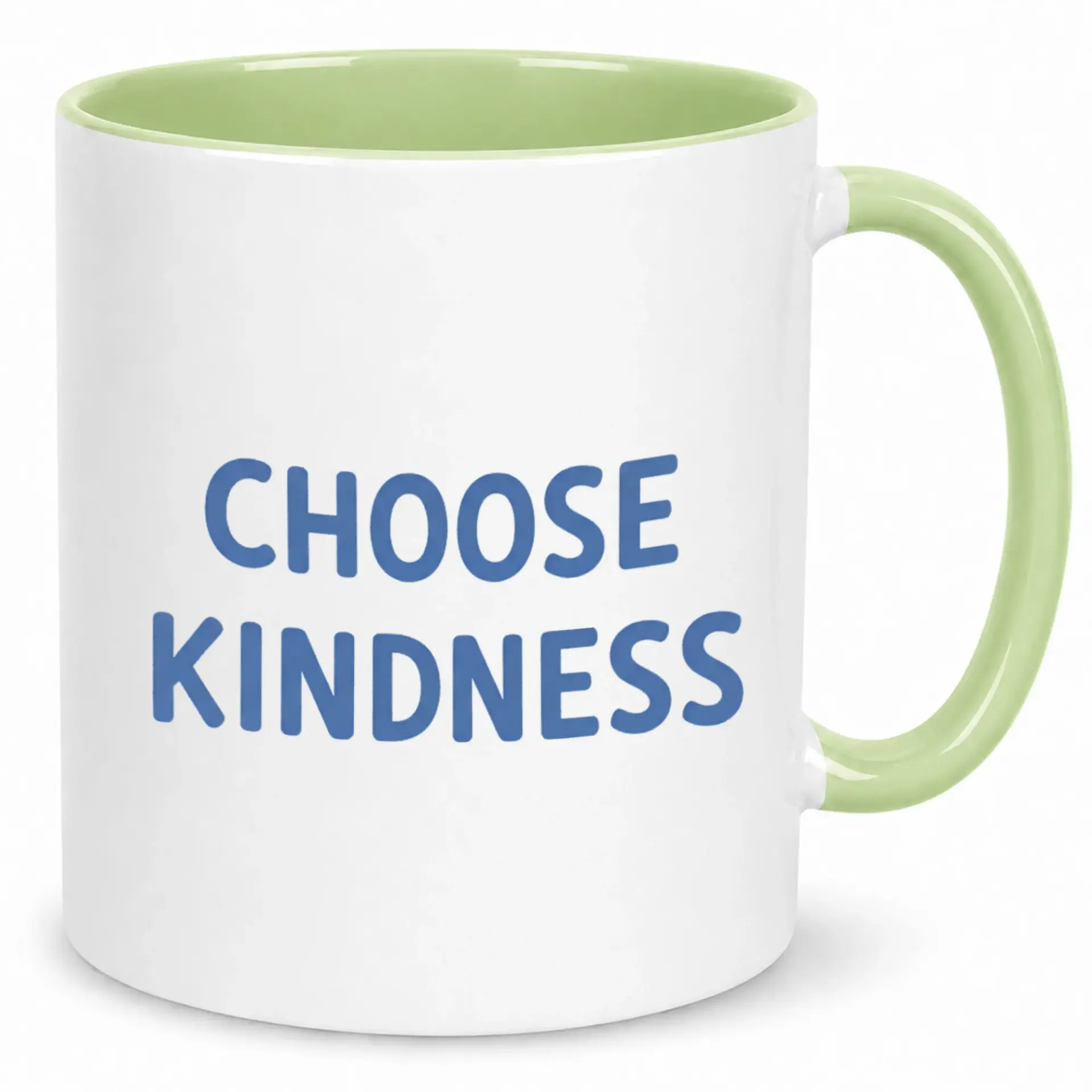Inspirational Coffee Mug with Choose Kindness Message, Premium White Ceramic Drinkware with Green Handle & Interior, 11oz or 15oz Capacity