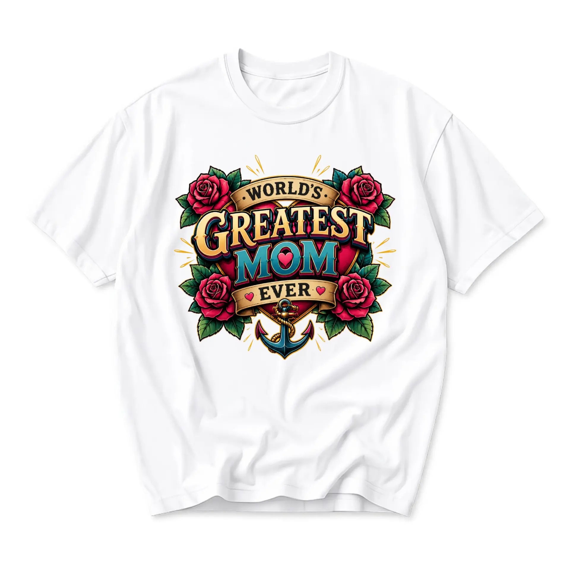 Graphic Tee Worlds Greatest Mom Ever Floral Anchor Tattoo Style Unisex Crew Neck Casual Everyday Cotton Blend Shirt