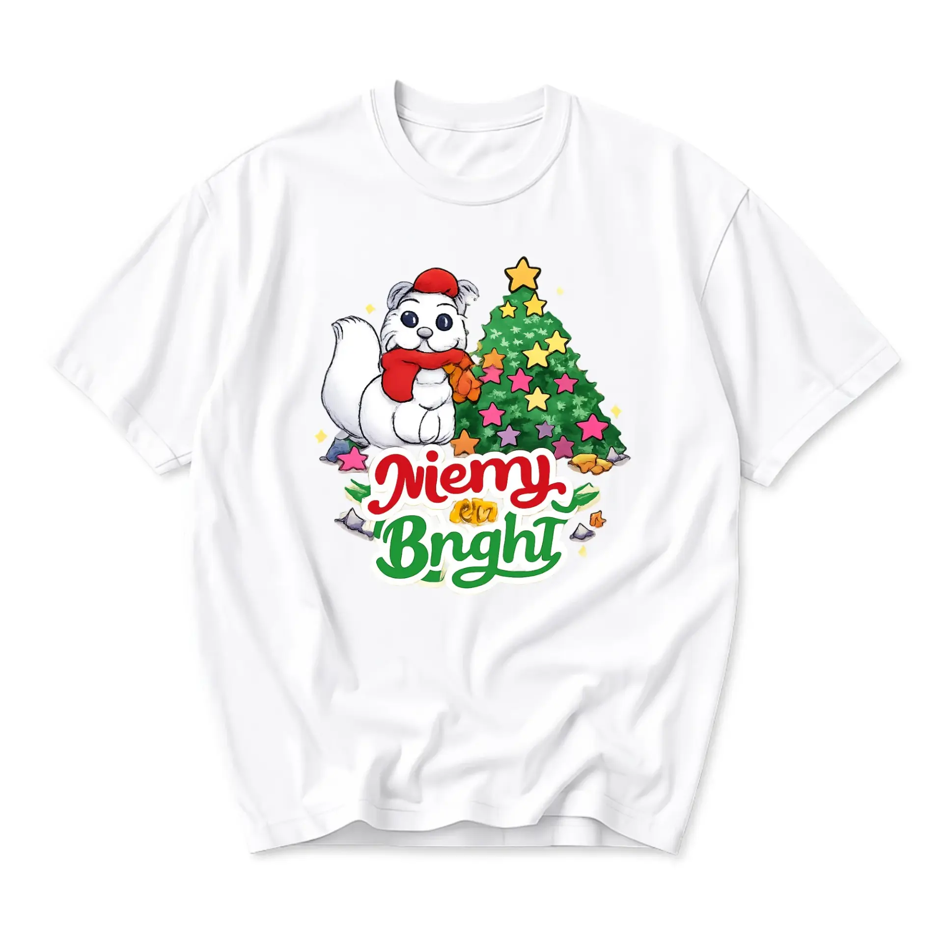 Funny Shirt Merry and Bright Christmas Cat Graphic Tee Unisex Casual Apparel for Holiday Season Celebration Outfits