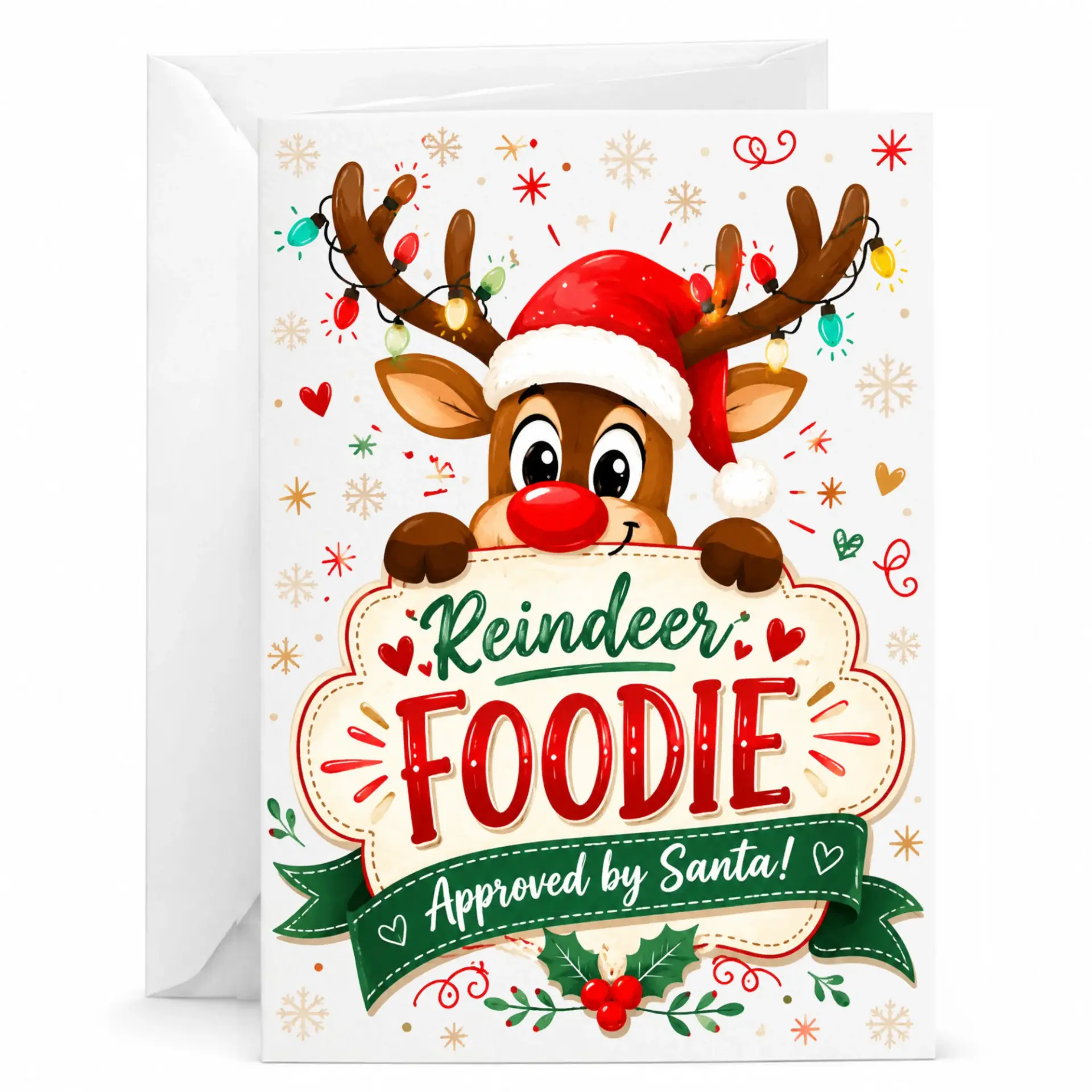 Funny Holiday Greeting Card Reindeer Foodie Approved by Santa Design for Seasonal Winter Celebrations 5x7 Inches