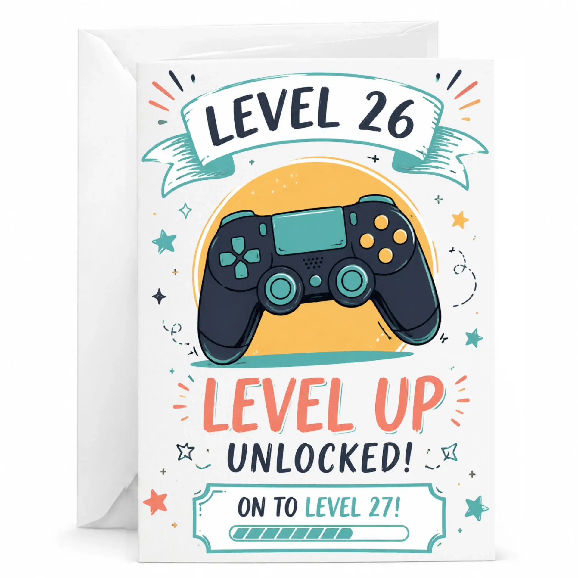 Birthday Card Level 26 Unlocked Gamer Video Game Theme Greeting Card for Him or Her with Matching White Envelope