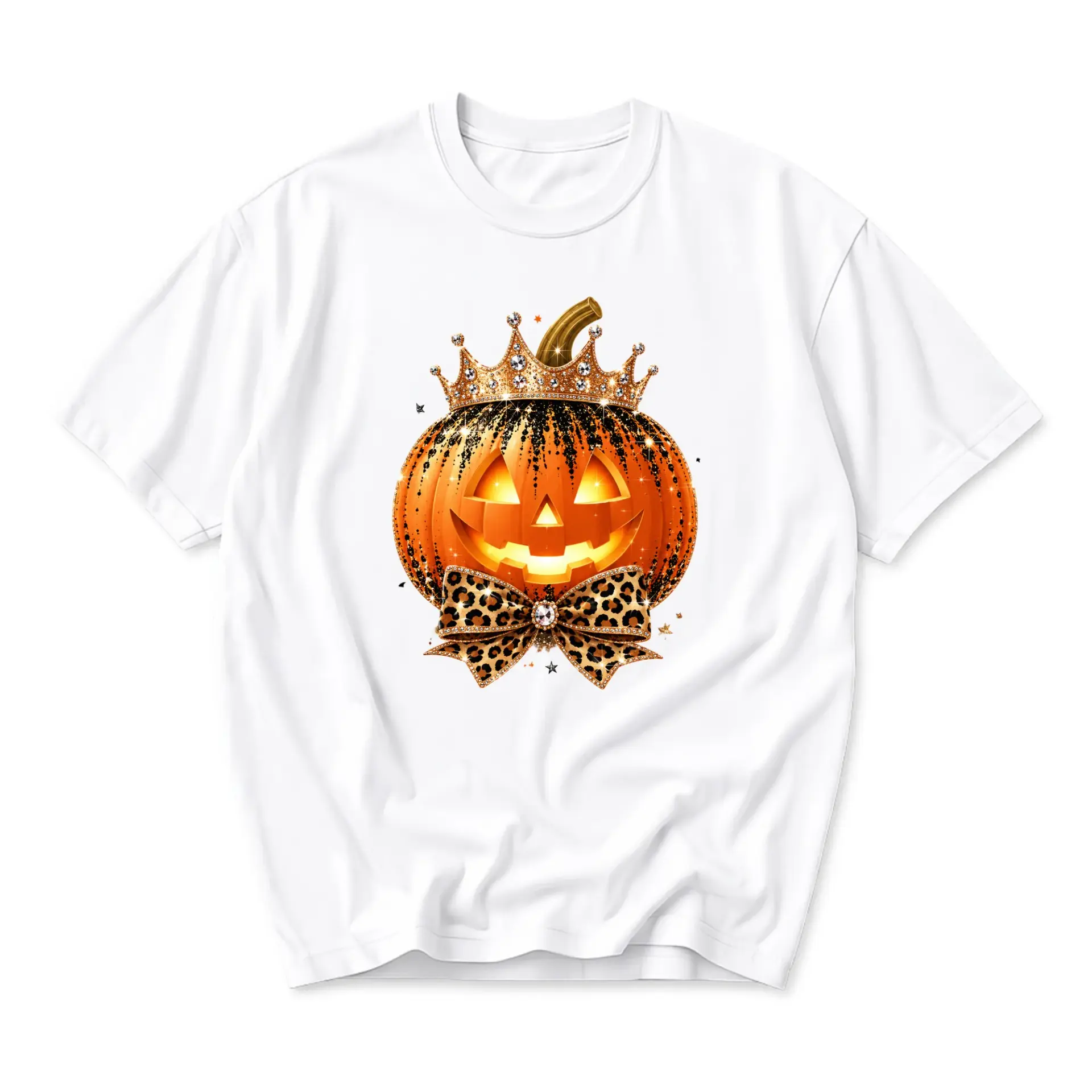 Graphic Tee Unisex Pumpkin Crown and Leopard Bow Print Short Sleeve Casual Crew Neck Apparel for Autumn Holidays