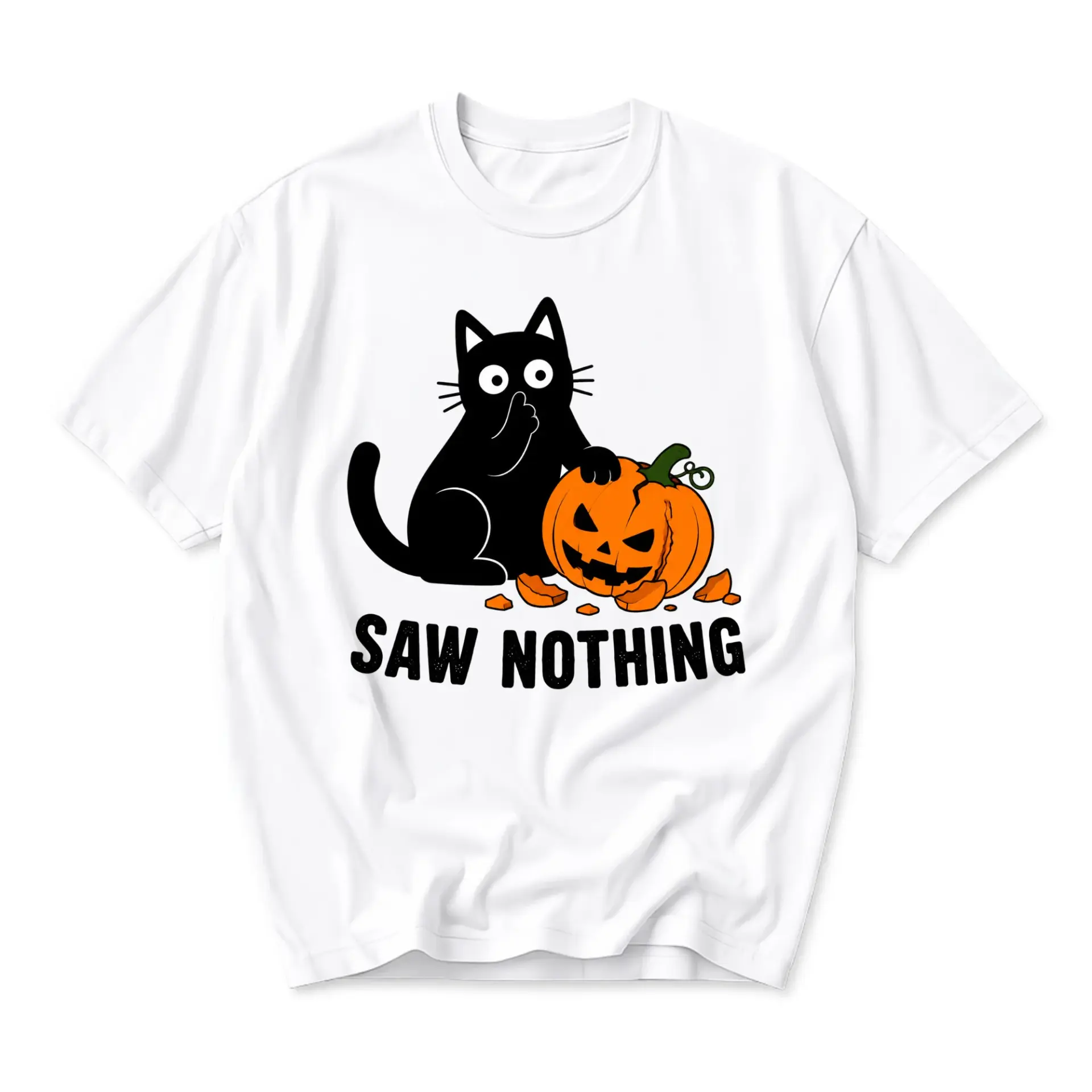 Funny Shirt Saw Nothing Black Cat with Pumpkin Unisex Graphic Printed T-Shirt for Casual Fall Autumn Everyday Wear