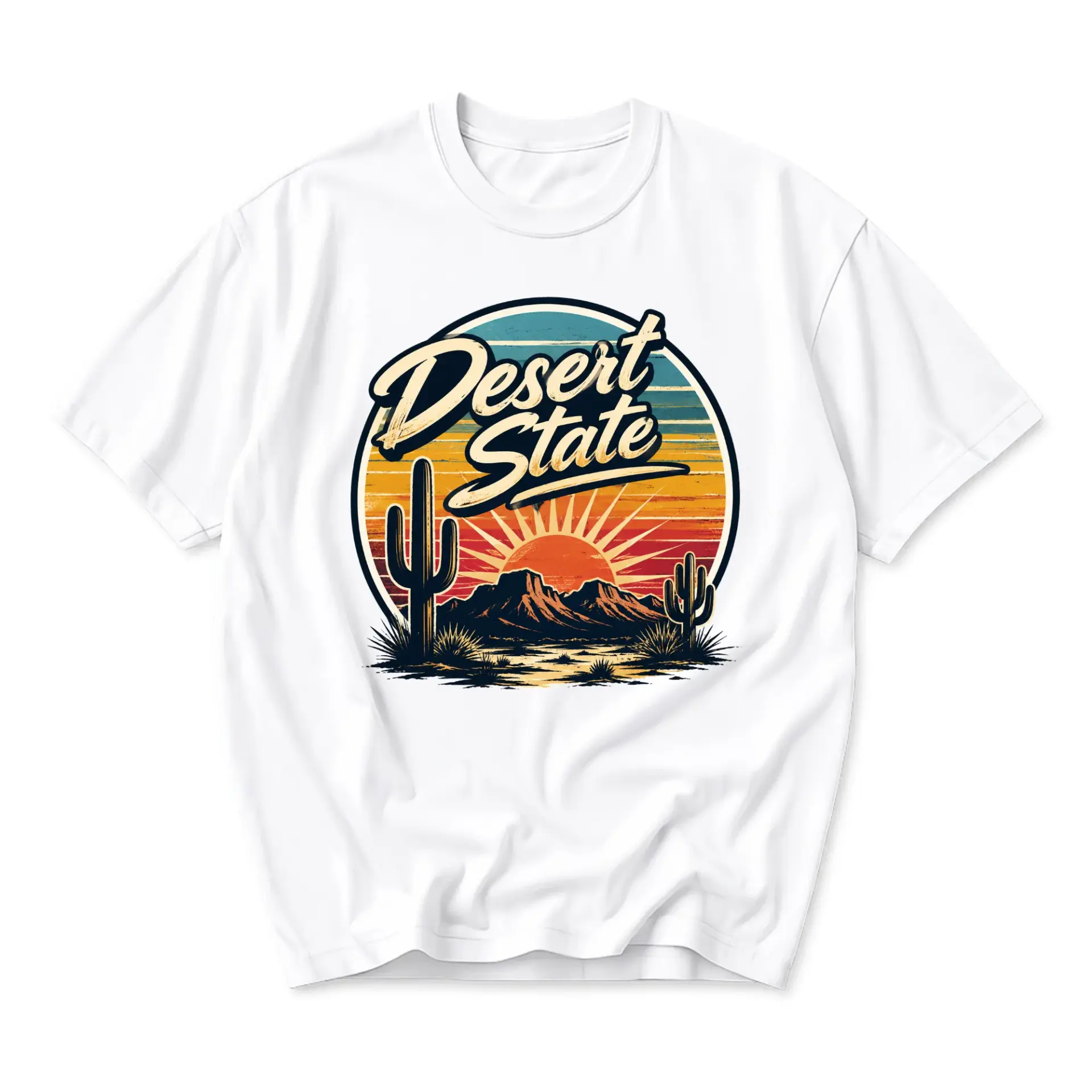 Graphic Tee Desert State Retro Sunset Cactus Landscape Print Unisex Crew Neck Casual Everyday Wear Soft Cotton Shirt