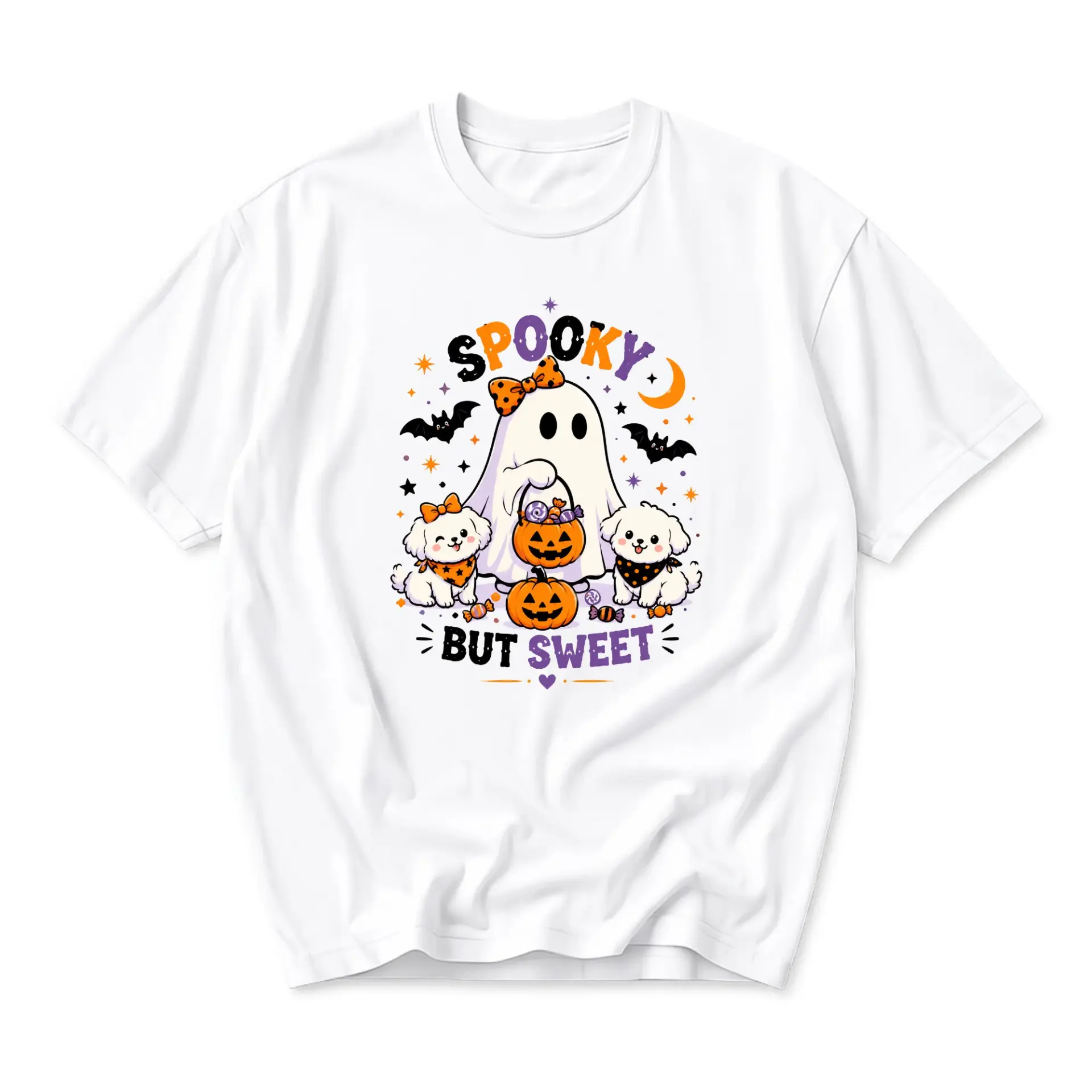 Graphic Tee Spooky but Sweet Ghost and Dogs Halloween Shirt Unisex Crew Neck Apparel for Casual Fall Season Wear