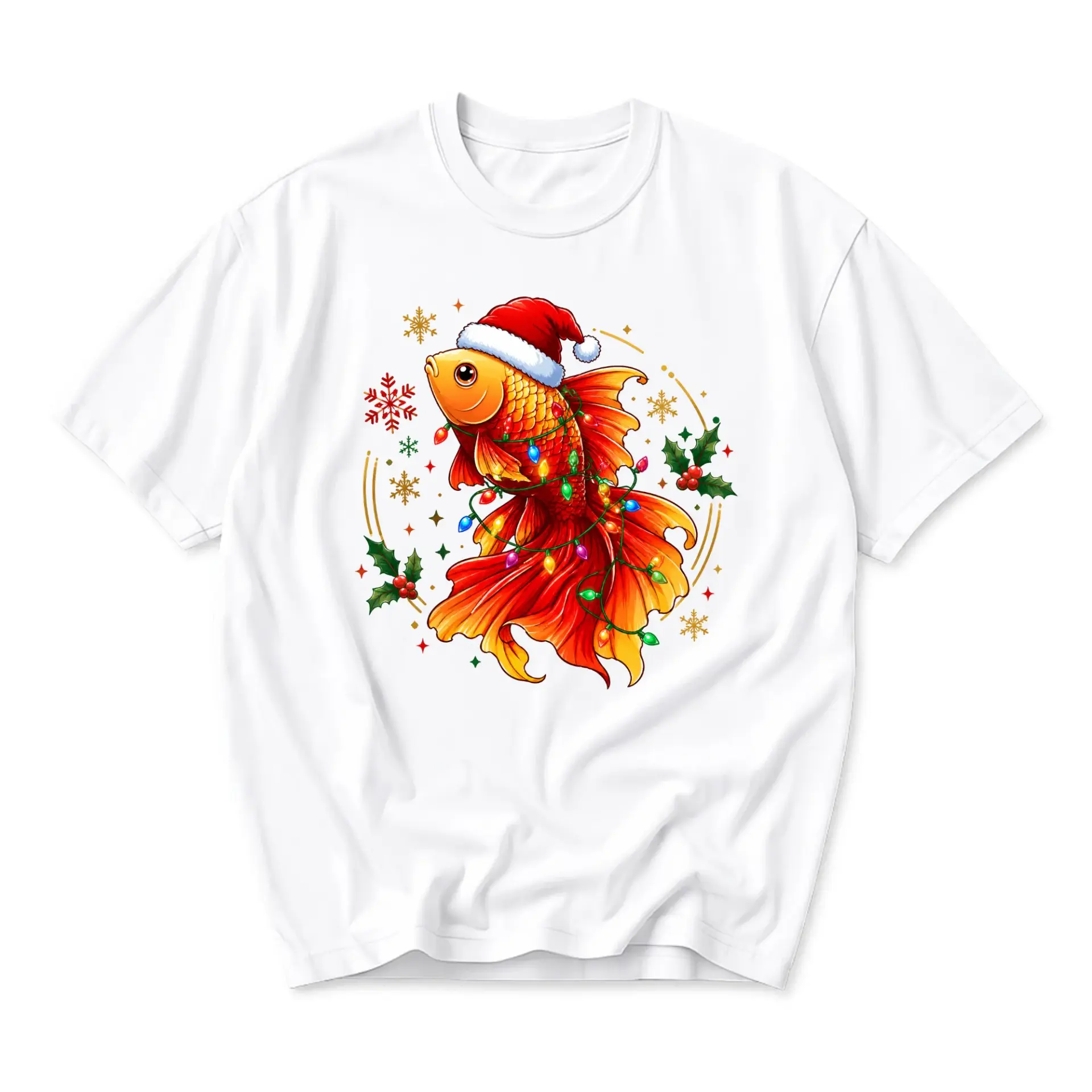 T-shirt Graphic Tee Featuring a Festive Christmas Goldfish with Holiday