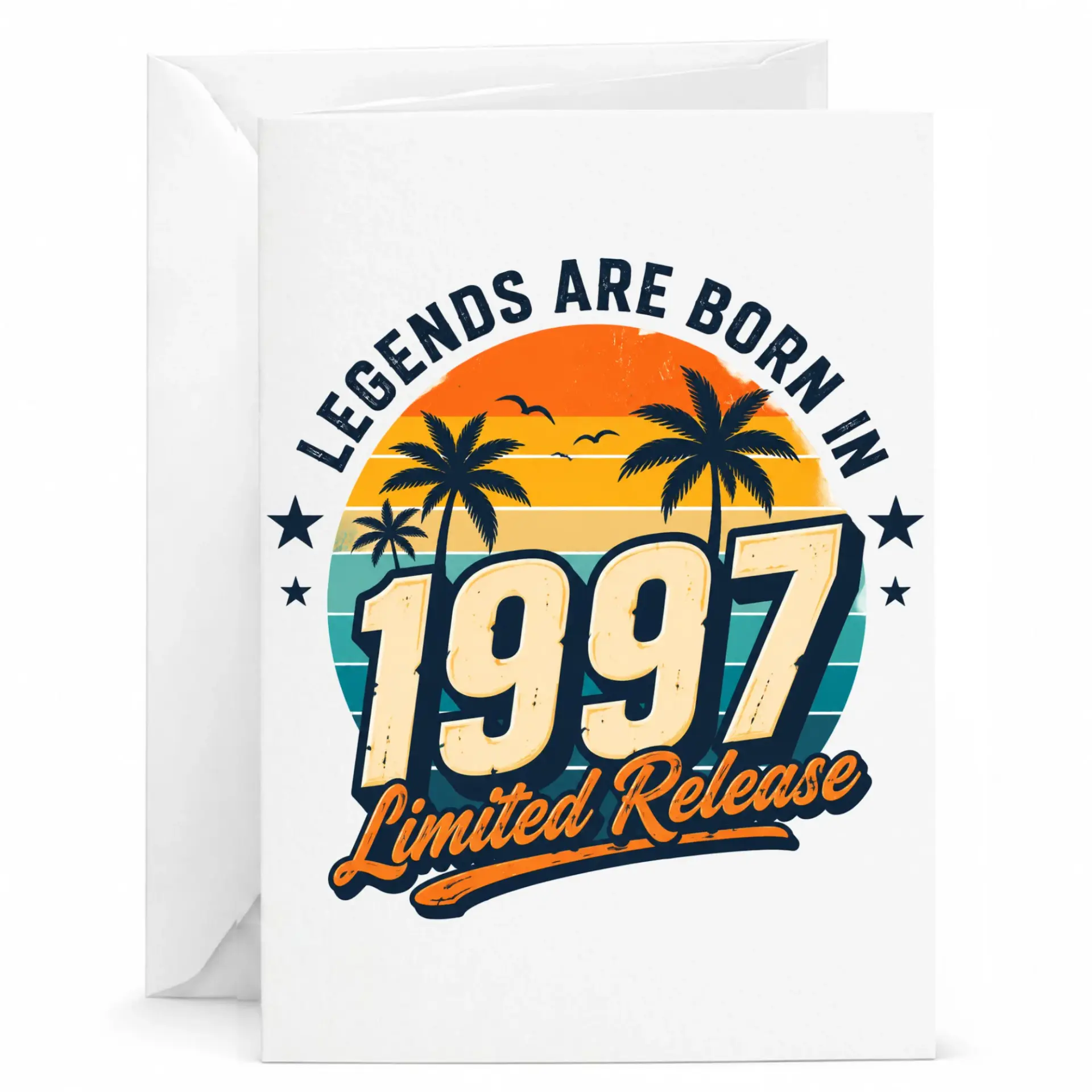 Birthday Card Legends Are Born in 1997 Vintage Retro Palm Tree Sunset Design for Milestone Year Celebration Greeting Card