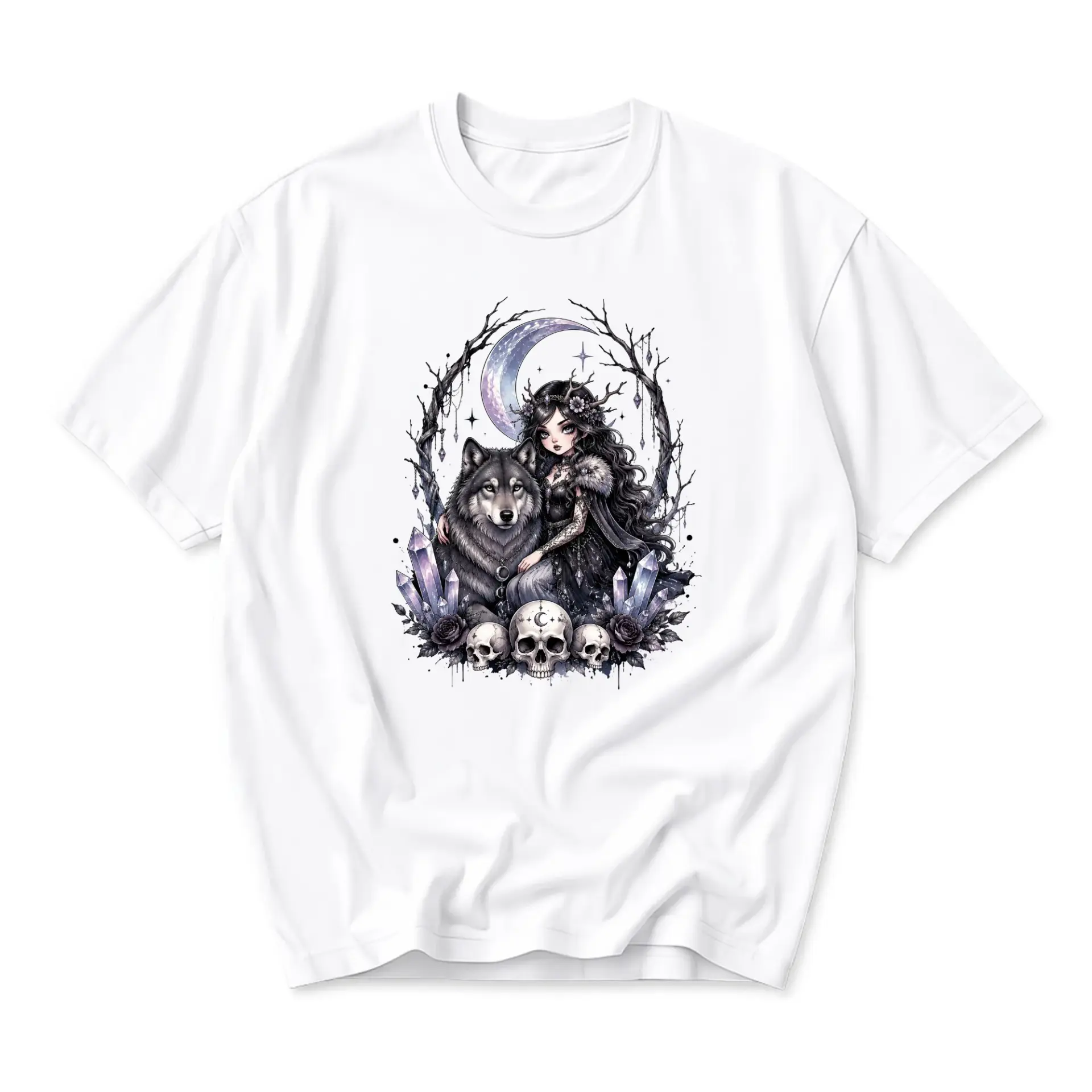 Graphic Tee Unisex Crew Neck T-Shirt Featuring Mystical Dark Fantasy Wolf and Enchantress Illustration White