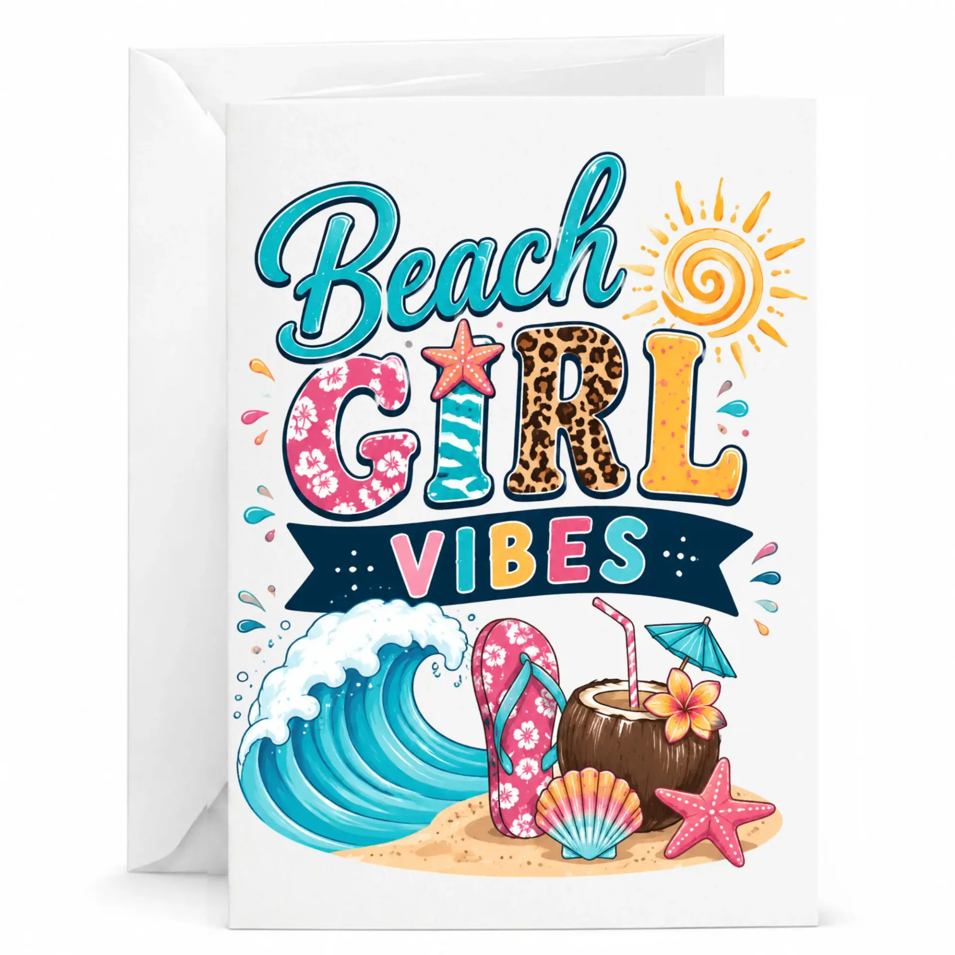 Greeting Card Beach Girl Vibes Tropical Summer Theme Vacation Stationary for Personal Messages and Notes