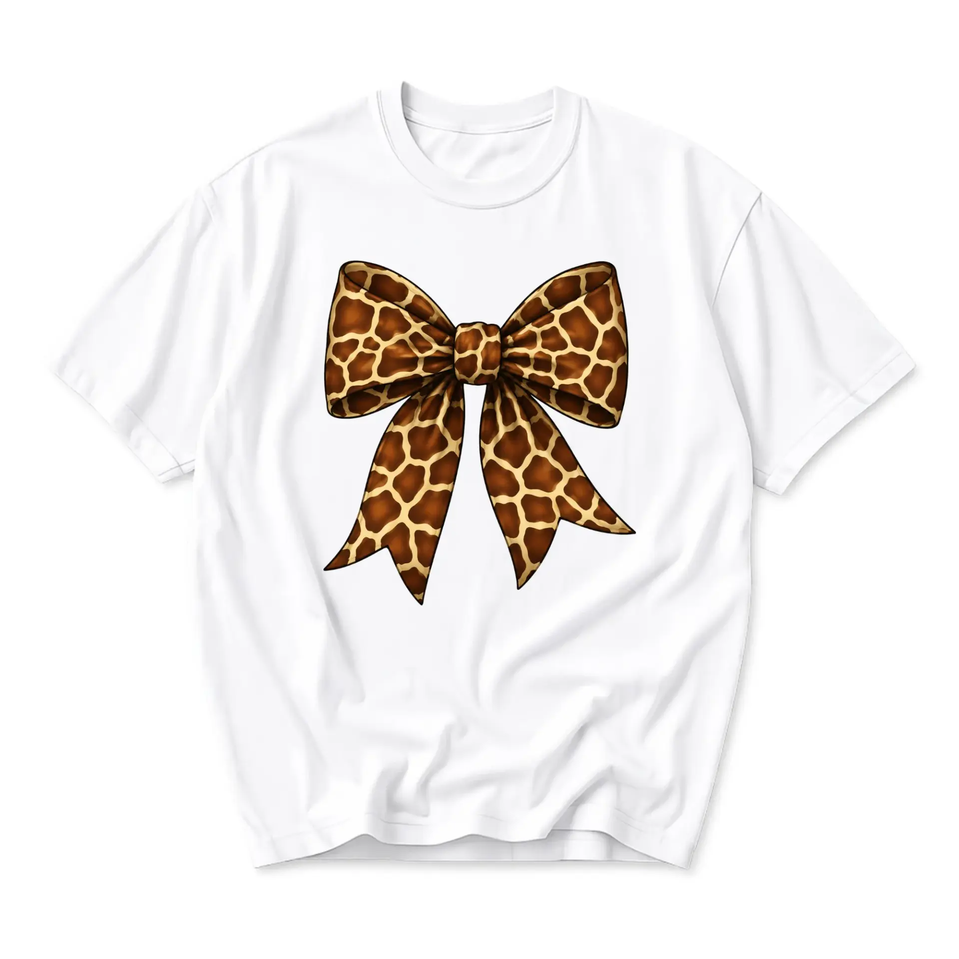 Graphic Tee Giraffe Print Bow Unisex T-Shirt Casual Short Sleeve Top Comfortable Everyday Apparel for Animal Lovers