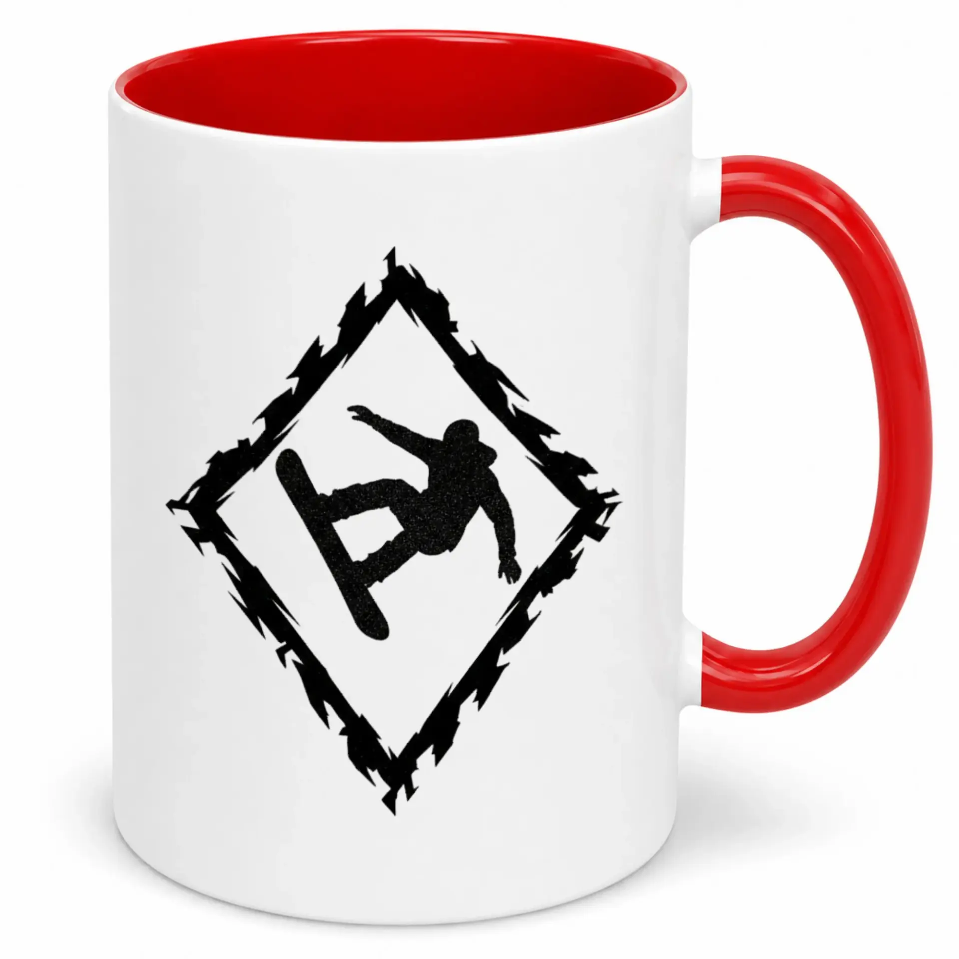 Snowboarder Ceramic Coffee Mug 11oz or 15oz White and Red Two-Tone for Winter Sports Enthusiasts Dishwasher Safe Hot Beverage Cup