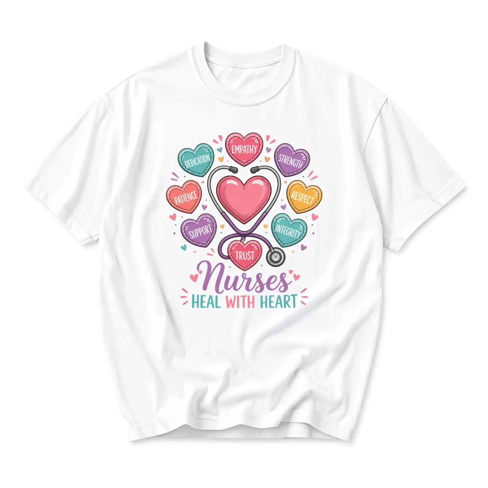 Graphic Tee Nurses Heal with Heart Design Unisex Cotton Crew Neck Casual Short Sleeve Apparel for Everyday Comfort