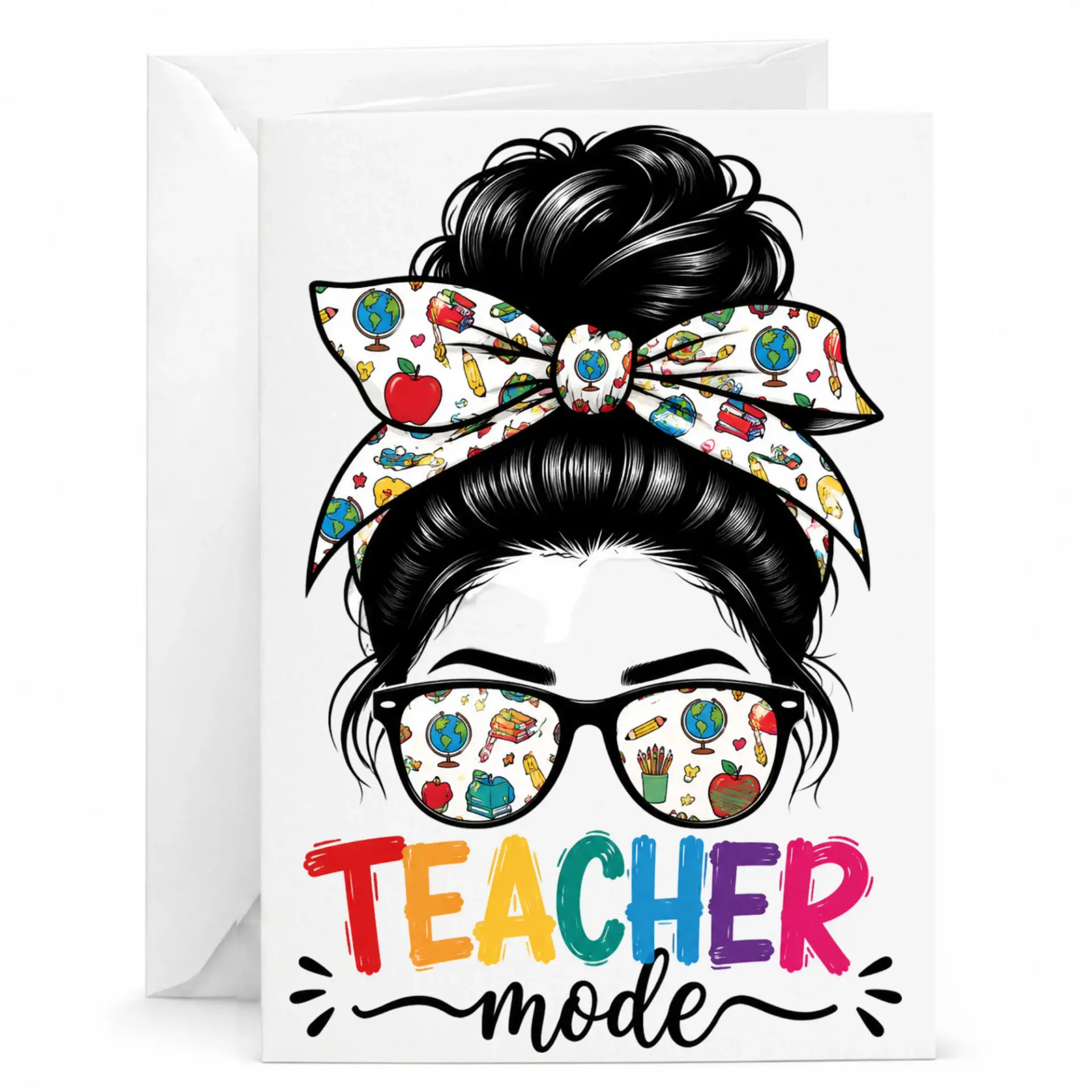 Teacher Greeting Card with Messy Bun Illustration Vibrant Educational Art on Stationery for Educators