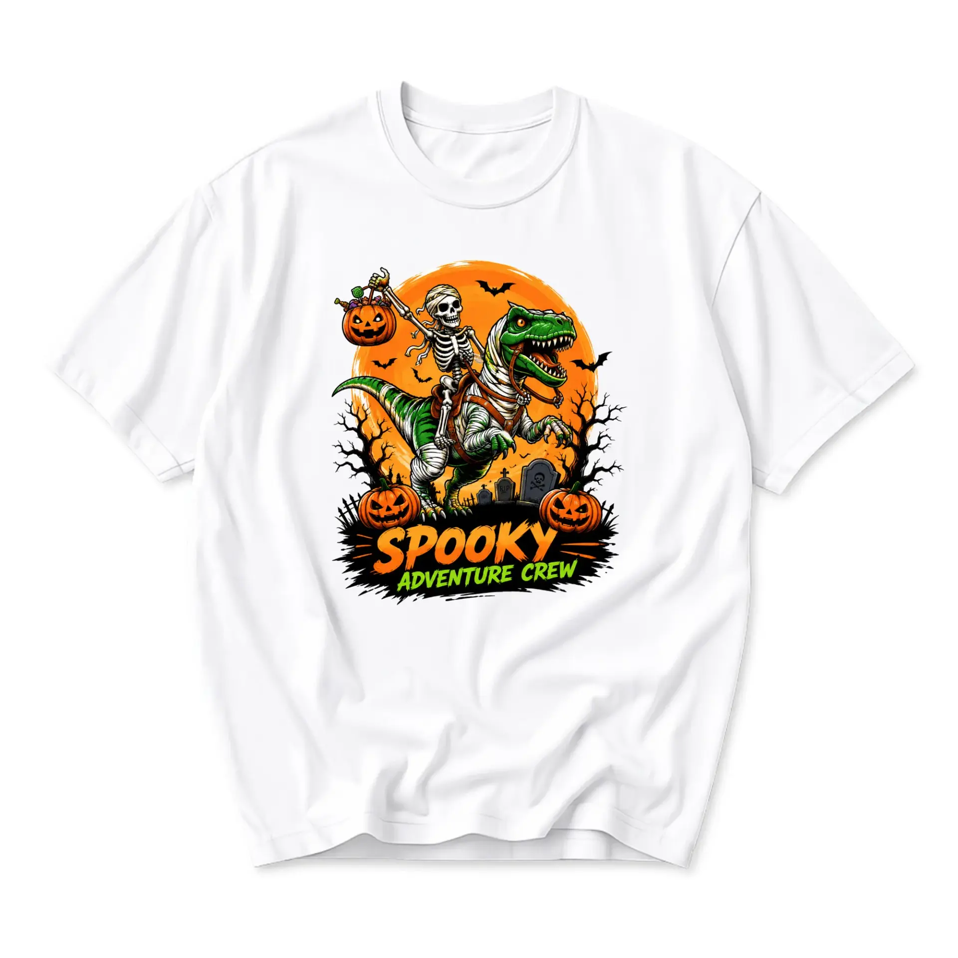 Funny Shirt Spooky Adventure Crew Graphic Tee Unisex Cotton Halloween Skeleton Dinosaur Illustration Crew Neck Top