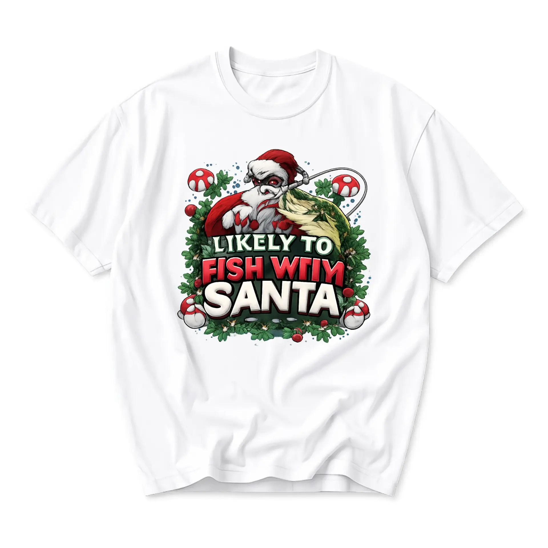 Funny Shirt Likely to Fish with Santa Holiday Graphic Tee Unisex Casual