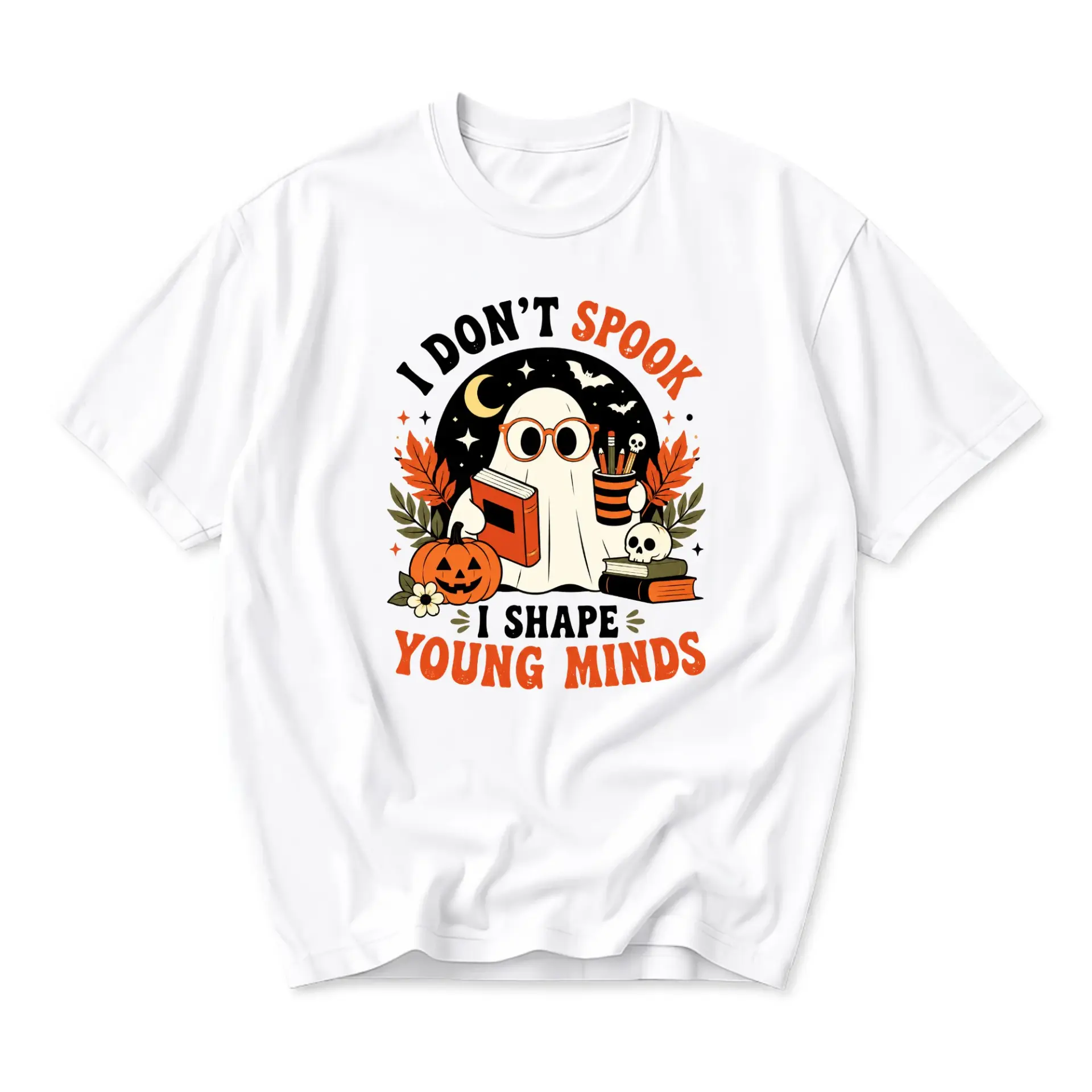 Funny Shirt I Don't Spook I Shape Young Minds Graphic Tee Unisex Crew Neck Short Sleeve Casual Autumn Apparel