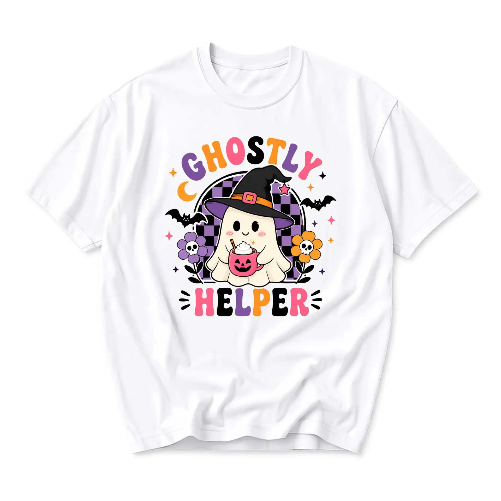 Graphic Tee Ghostly Helper Cute Halloween Spirit T-Shirt with Witch Hat Pumpkin Coffee Cup Fall Season Apparel