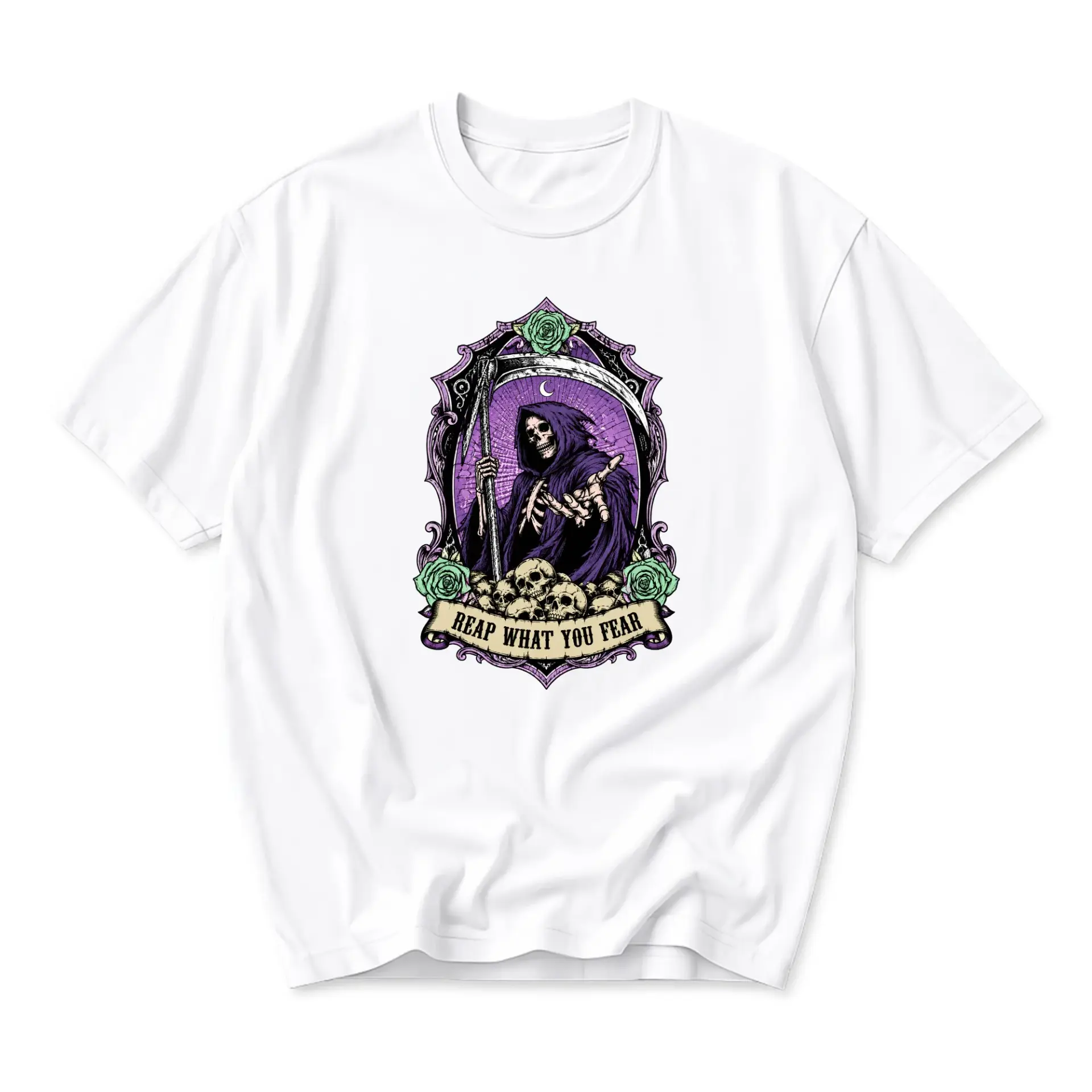 Graphic Tee Reaper Art Unisex Crew Neck Shirt Featuring Scythe Skeleton Motif and Gothic Floral Design Details