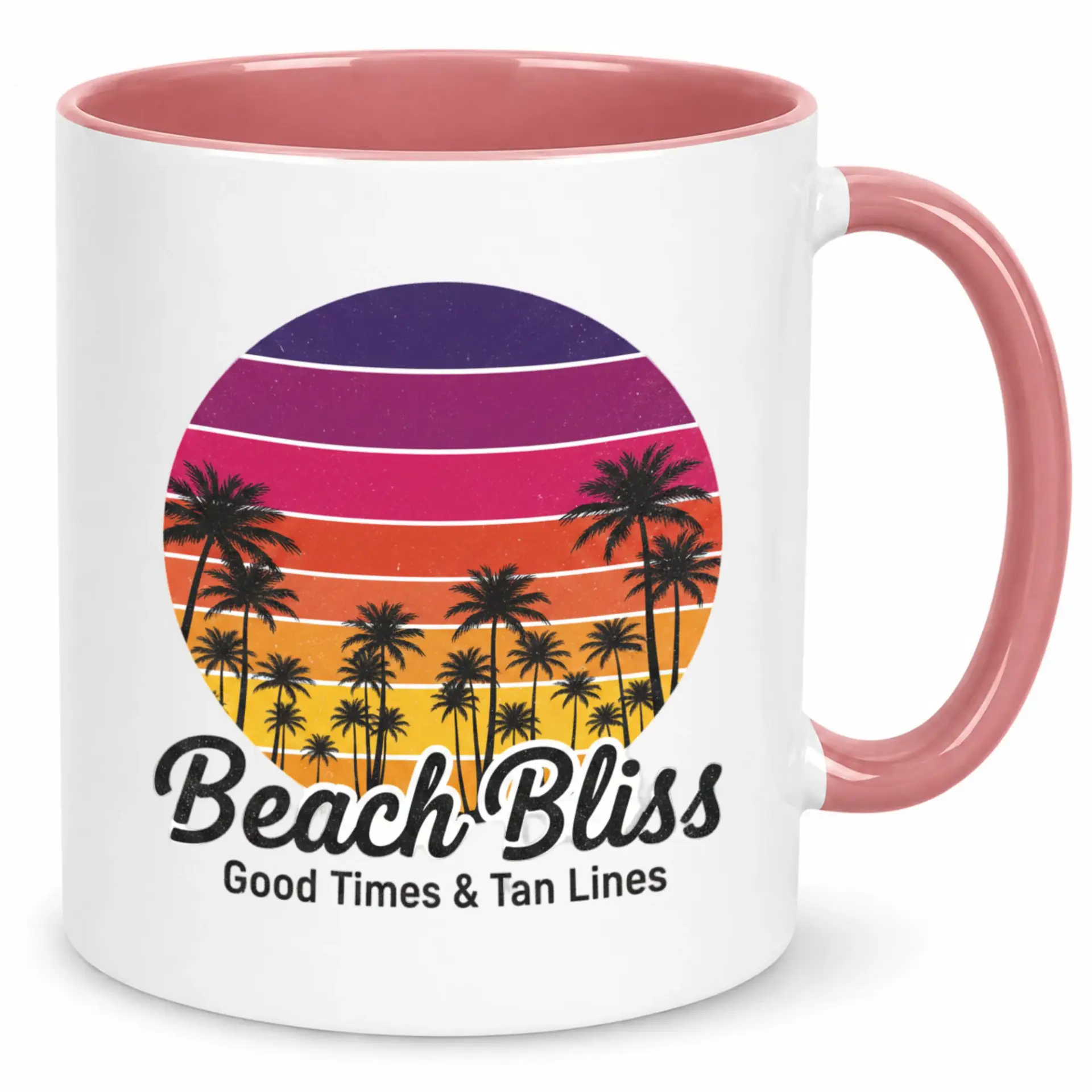 Beach Coffee Mug Tropical Sunset Tree Ceramic Drinkware Good Times & Tan Lines Vacation Themed Beverage Cup