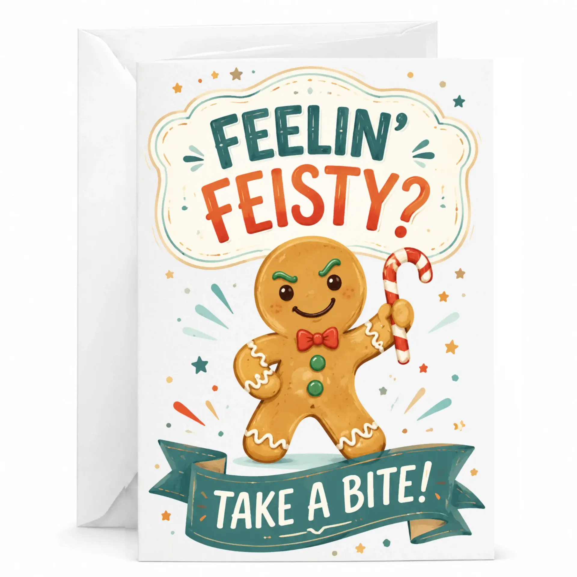 Funny Gingerbread Man Holiday Greeting Card, Feisty Cookie Design for Seasonal Wishes, 5x7 Inches with Envelope