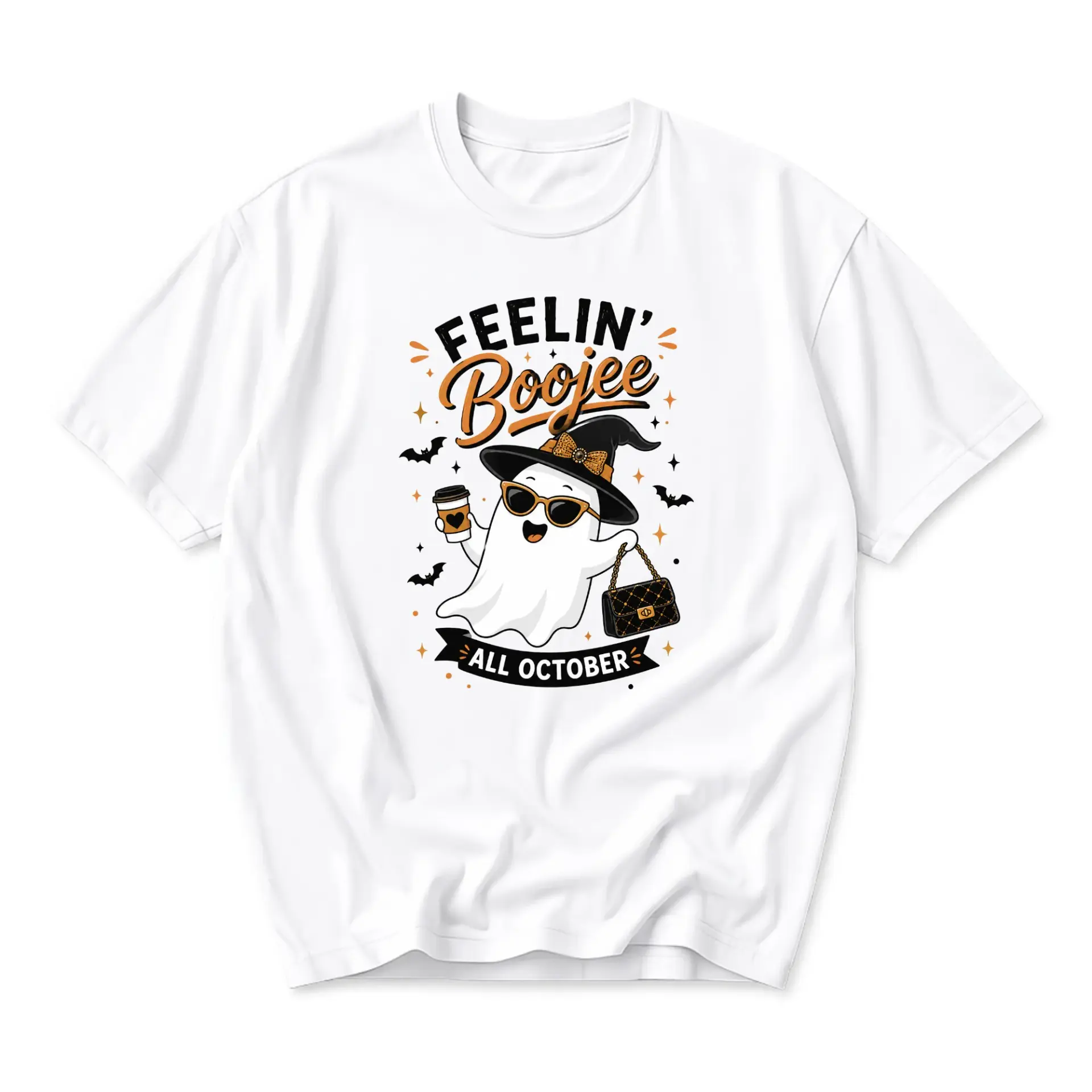 Funny Shirt Feelin Booje Ghost Graphic Tee Cute Witch Hat October Apparel Casual Unisex Cotton Crew Neck Short Sleeve