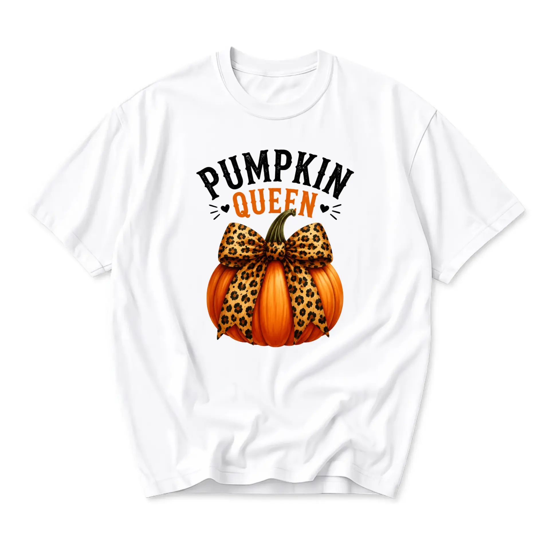 Funny Shirt Pumpkin Queen Leopard Bow Graphic Tee Seasonal Autumn Fall Fashion Unisex Crew Neck Cotton Blend Casual Top