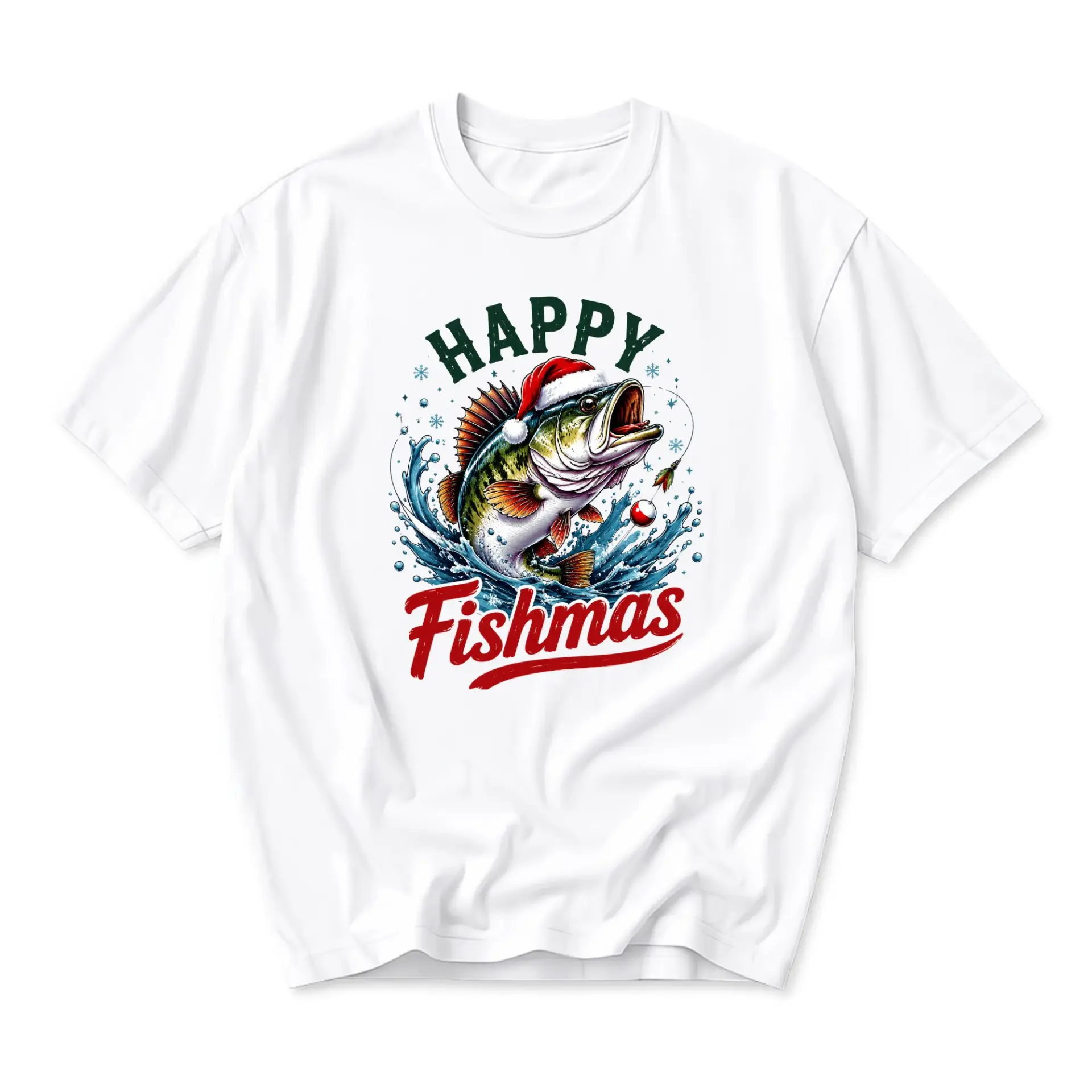 Funny Shirt Happy Fishmas Christmas Fishing Graphic Tee Unisex Casual Apparel for Outdoor Enthusiasts White Crew Neck