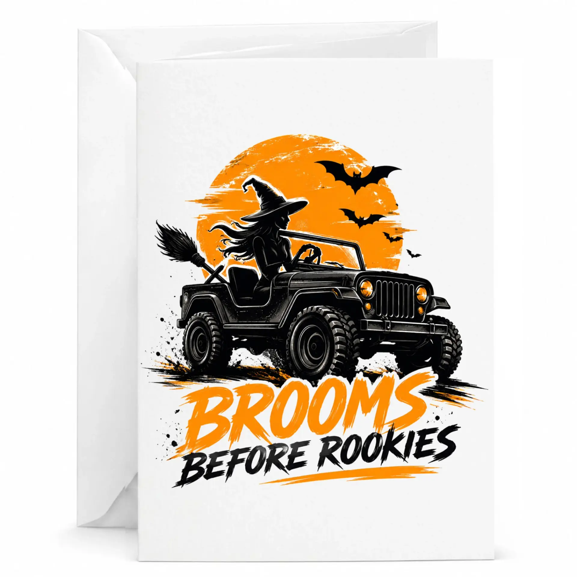 Funny Witch Driving Offroad Vehicle Greeting Card Brooms Before Rookies Halloween Theme Stationery