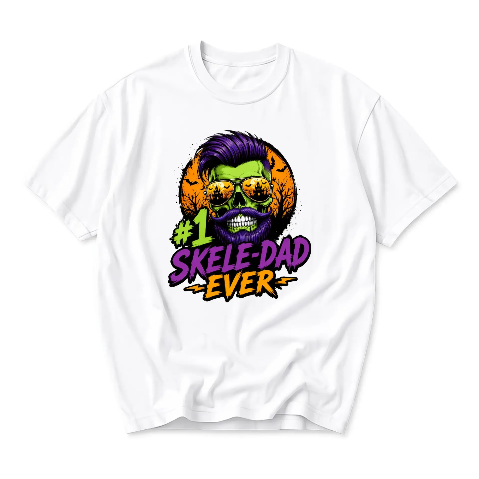 Funny Shirt #1 Skele-Dad Ever Graphic Tee for Men Cool Skull Artwork Print Casual Crew Neck Cotton Apparel White