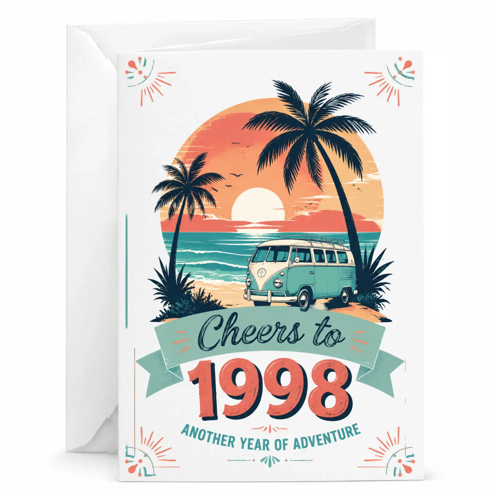Greeting Card for 1998 Birthdays Tropical Sunset Beach Van Adventure Design Premium Folded Card with Envelope