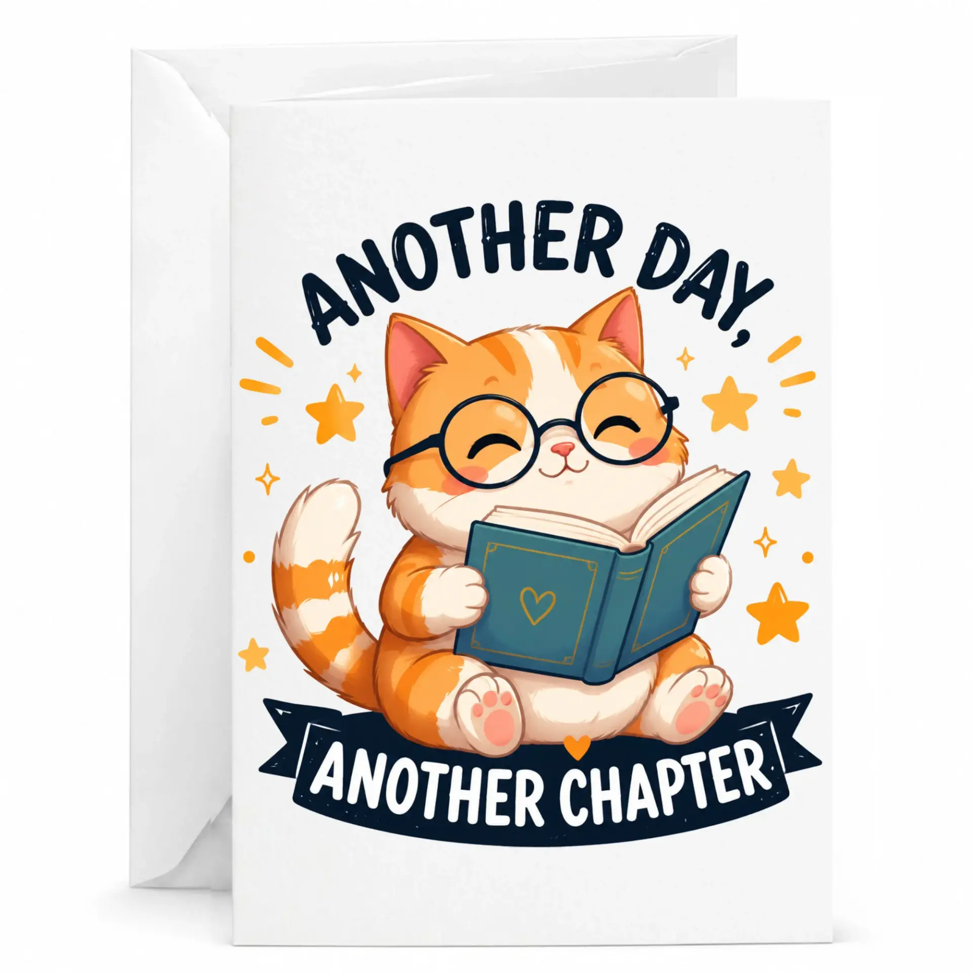 Funny Cat Greeting Card Another Day Another Chapter Cute Illustrated Orange Tabby Kitten Reading a Book Stationery