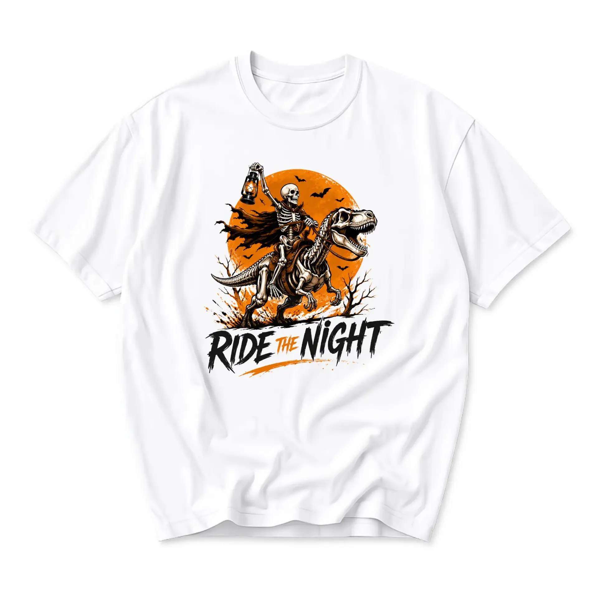 Graphic Tee Ride the Night Skeleton Riding Dinosaur T-Shirt Spooky Illustration Unisex Casual Crew Neck Apparel