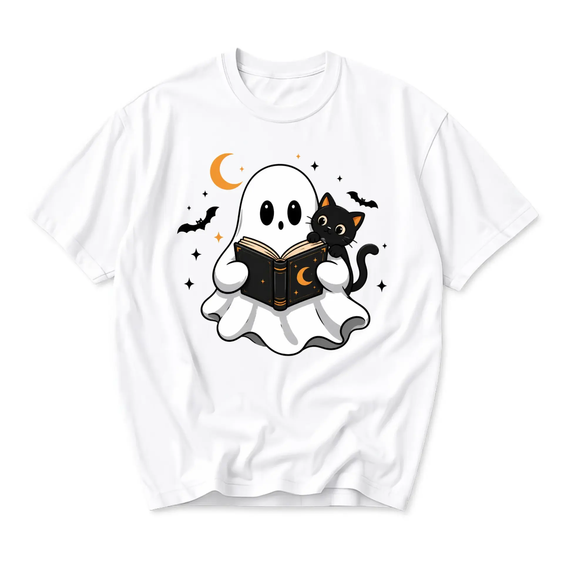 Graphic Tee Unisex Crew Neck T-Shirt Featuring a Cute Ghost and Black Cat Reading a Book under the Night Sky