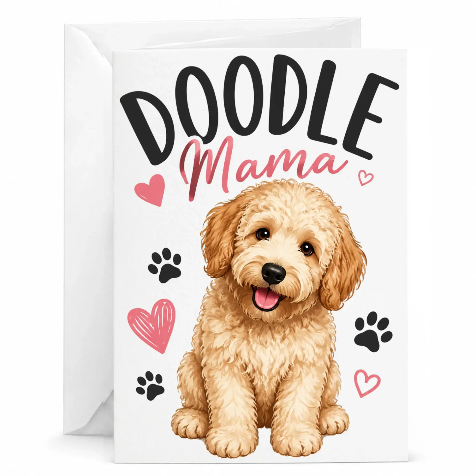 Greeting Card for Dog Mom Doodle Mama Featuring Cute Curly Puppy Illustration with Hearts and