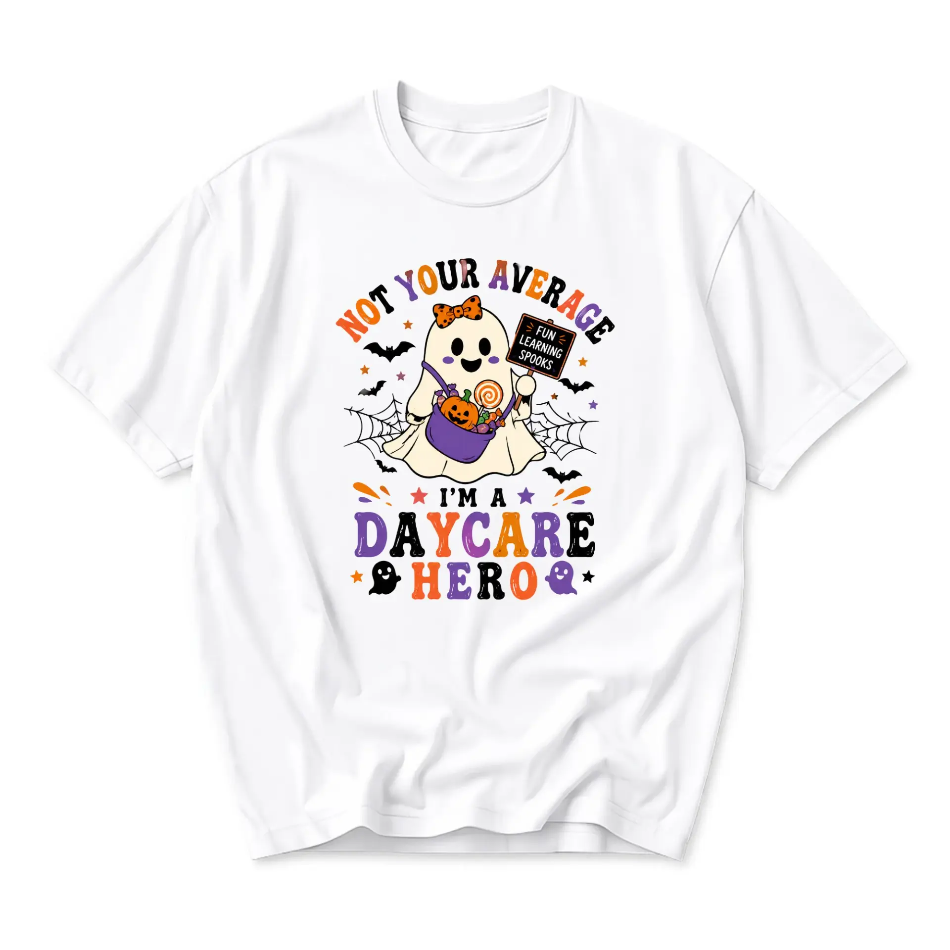 Funny Shirt Not Your Average Daycare Hero Halloween Ghost Graphic Tee Unisex Casual Crew Neck Apparel for Adults