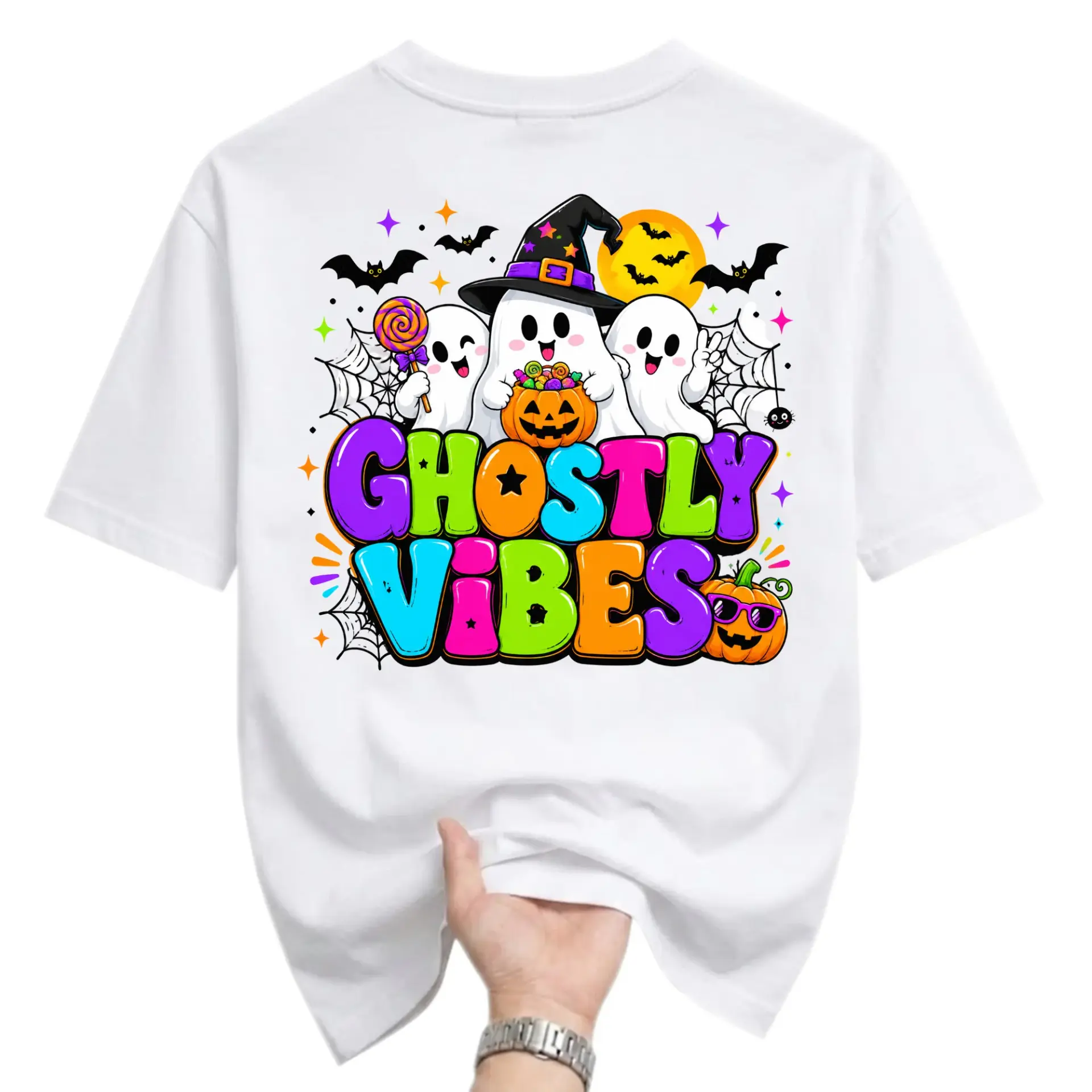 Graphic Tee Ghostly Vibes Halloween Shirt Funny Holiday Apparel Unisex Crew Neck Short Sleeve Casual Cotton Blend Top