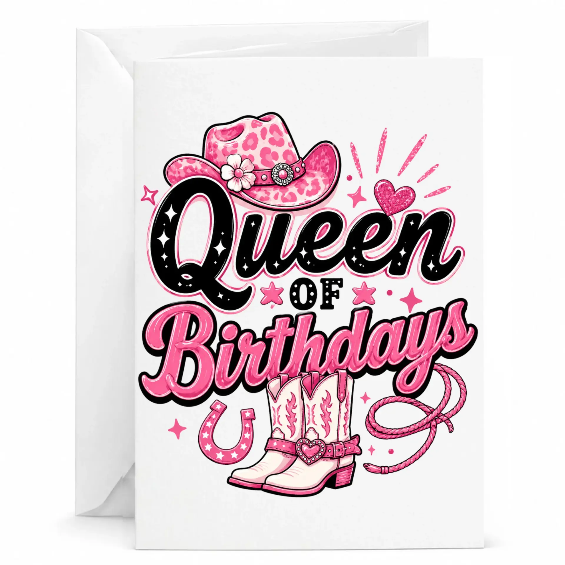Birthday Card Queen of Birthdays Pink Theme Greeting with Matching White Envelope 5x7 Folded