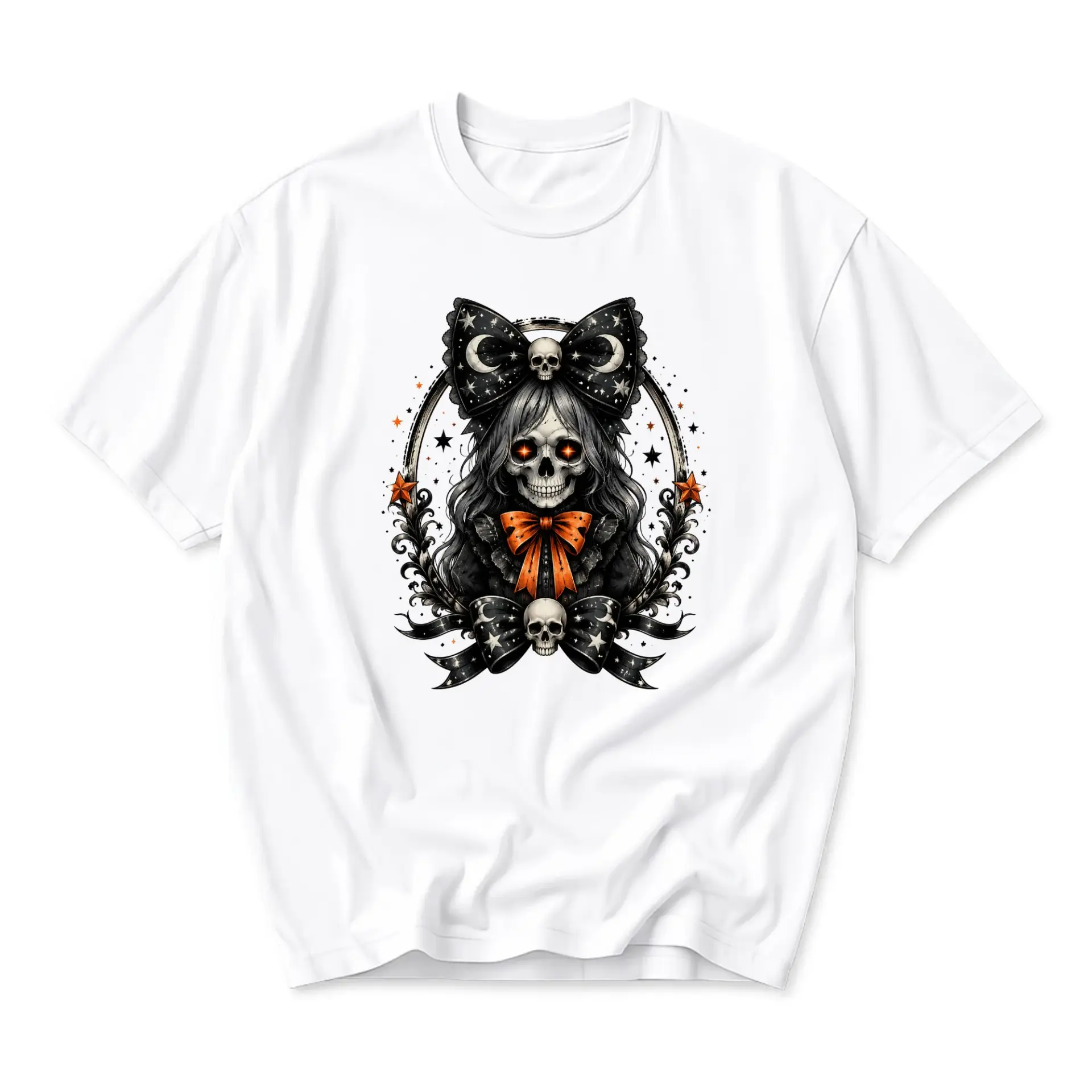 Graphic Tee Unisex Crew Neck T-Shirt Featuring Gothic Skull Illustration with Bows and Stars Artistic Print Design