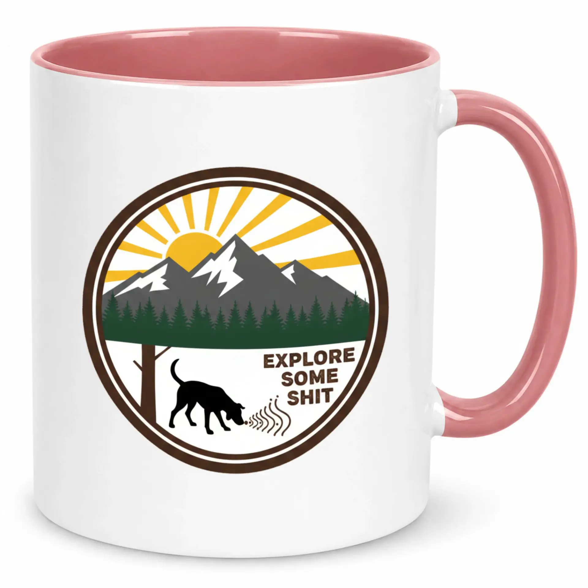 Funny Coffee Mug Explore Some Shit Dog Sniffing Hiking Mountains Design Ceramic Cup Humorous Outdoor Adventure Novelty Drinkware Gift