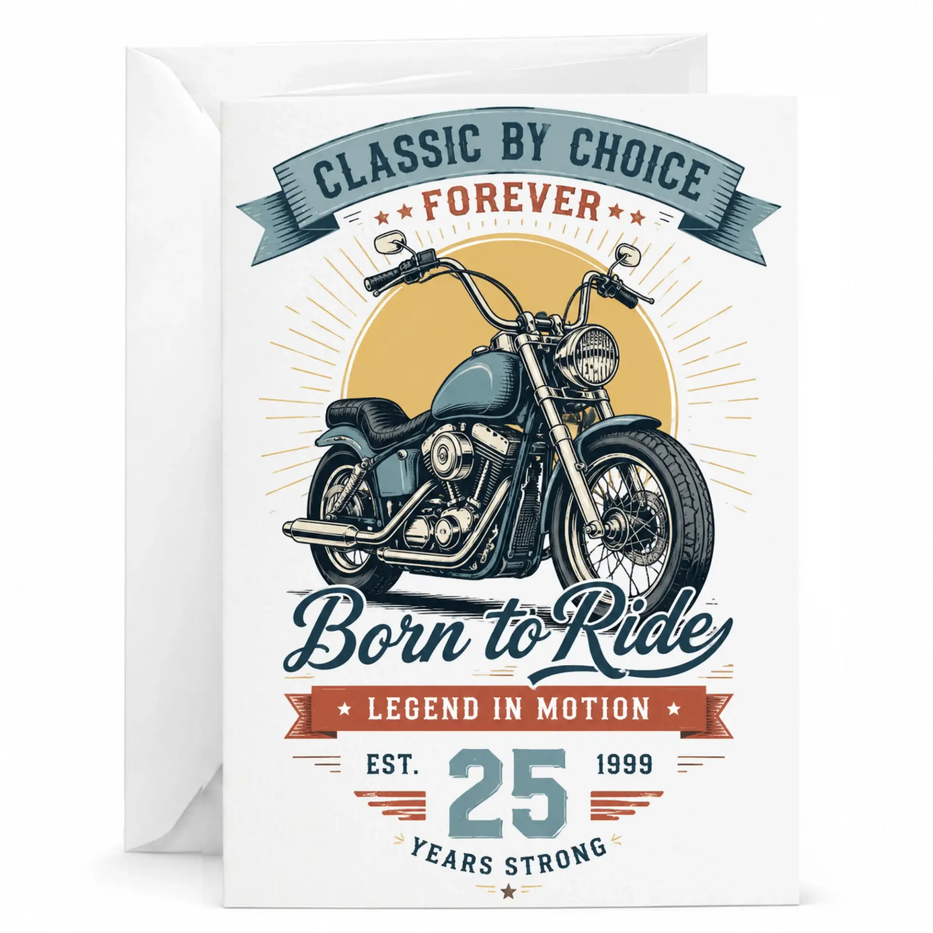 Greeting Card Classic Motorcycle 25th Birthday Anniversary Legend in Motion Born to Ride Vintage Style Stationary