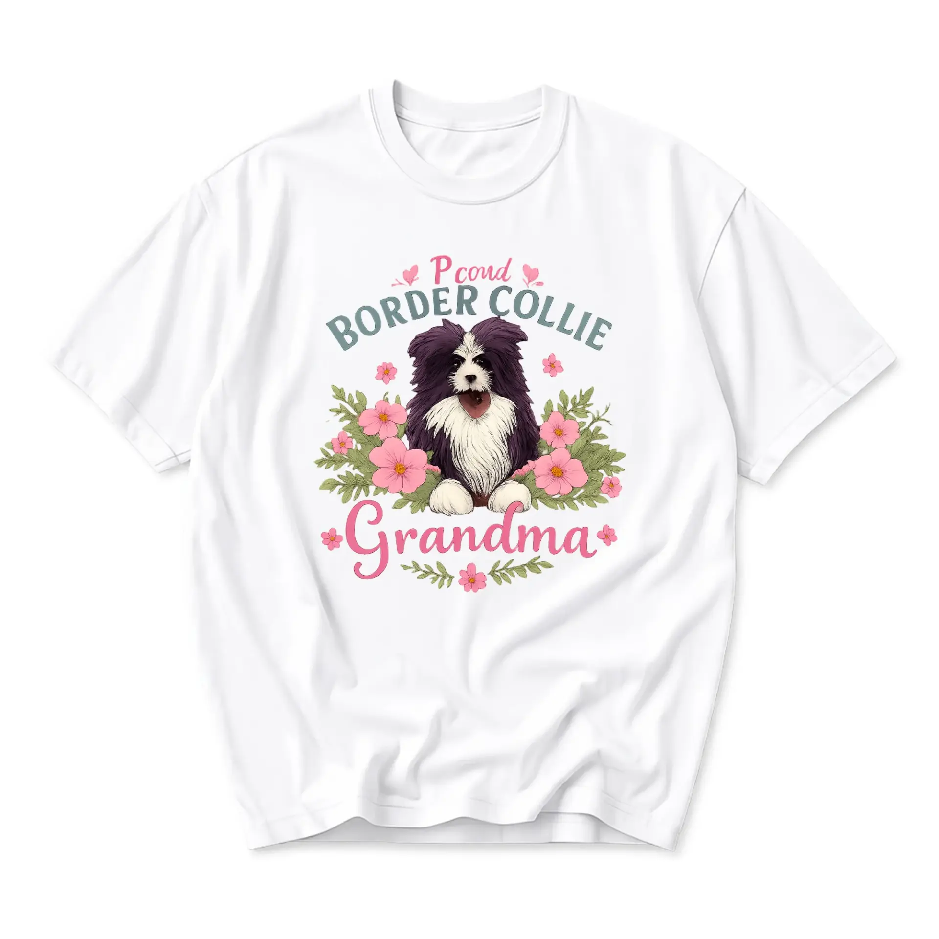 Funny Shirt Proud Border Collie Grandma Graphic Tee Casual Unisex Crew Neck Top for Dog Lovers Everyday Wear White