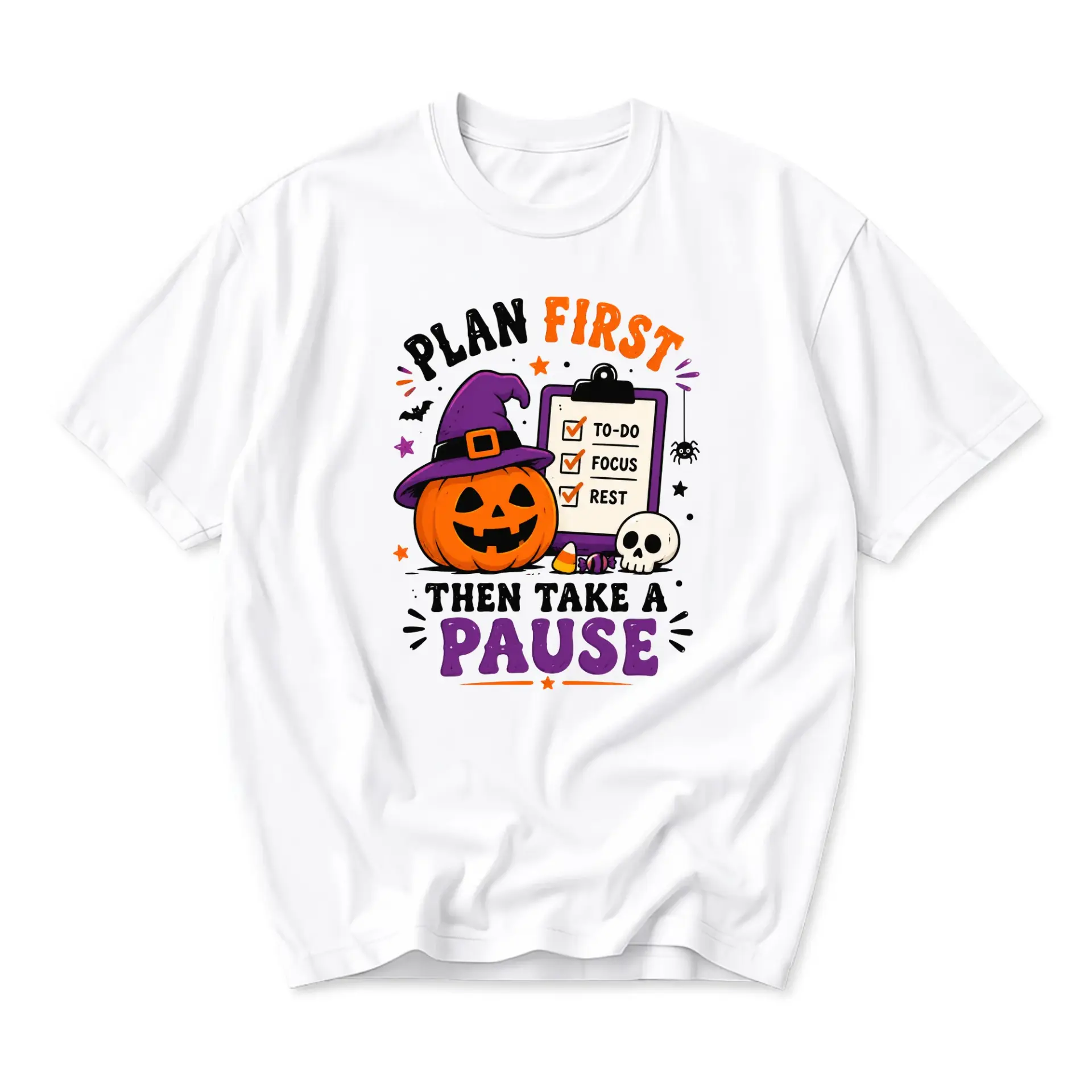 Funny Shirt Plan First Then Take a Pause Halloween Pumpkin Graphic Tee Casual Unisex Crew Neck Seasonal Holiday Top