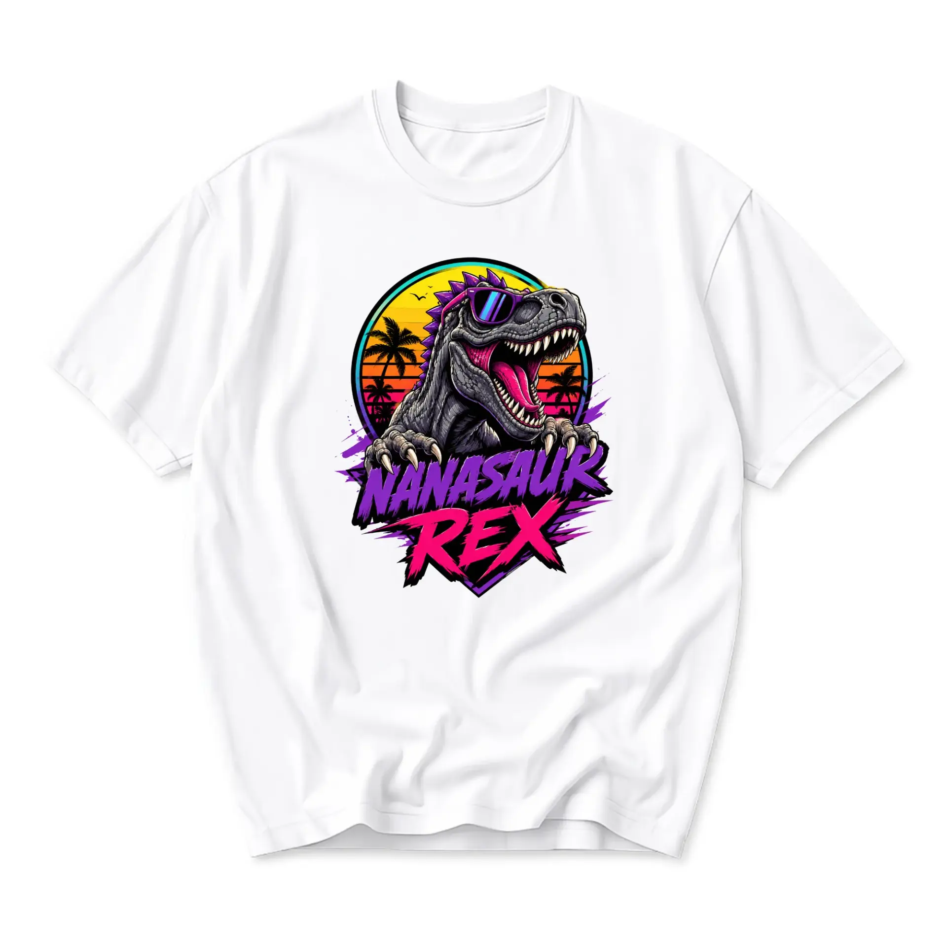 Graphic Tee Nanasaur Rex T-Shirt Cool Dinosaur Wearing Sunglasses Retro Sunset Trees Summer Unisex Crew Neck Top